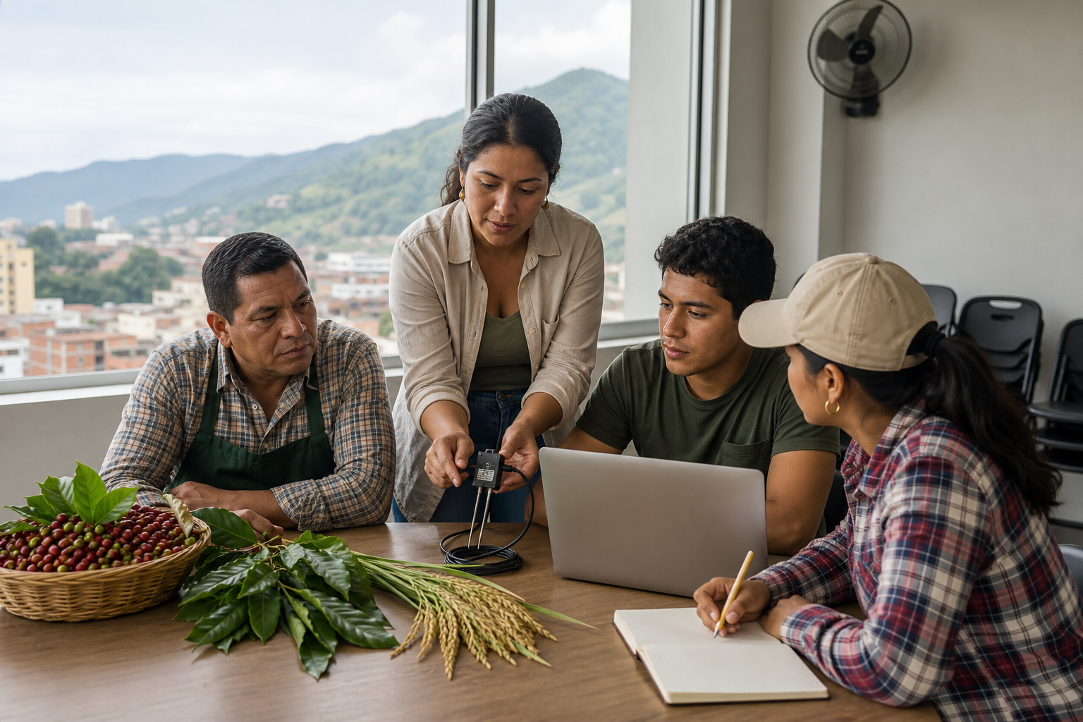Grupo diverso de adultos participa en un taller conceptual de inteligencia artificial en Ibagué, con un portátil, un sensor agrícola, hojas de café y espigas de arroz sobre la mesa.