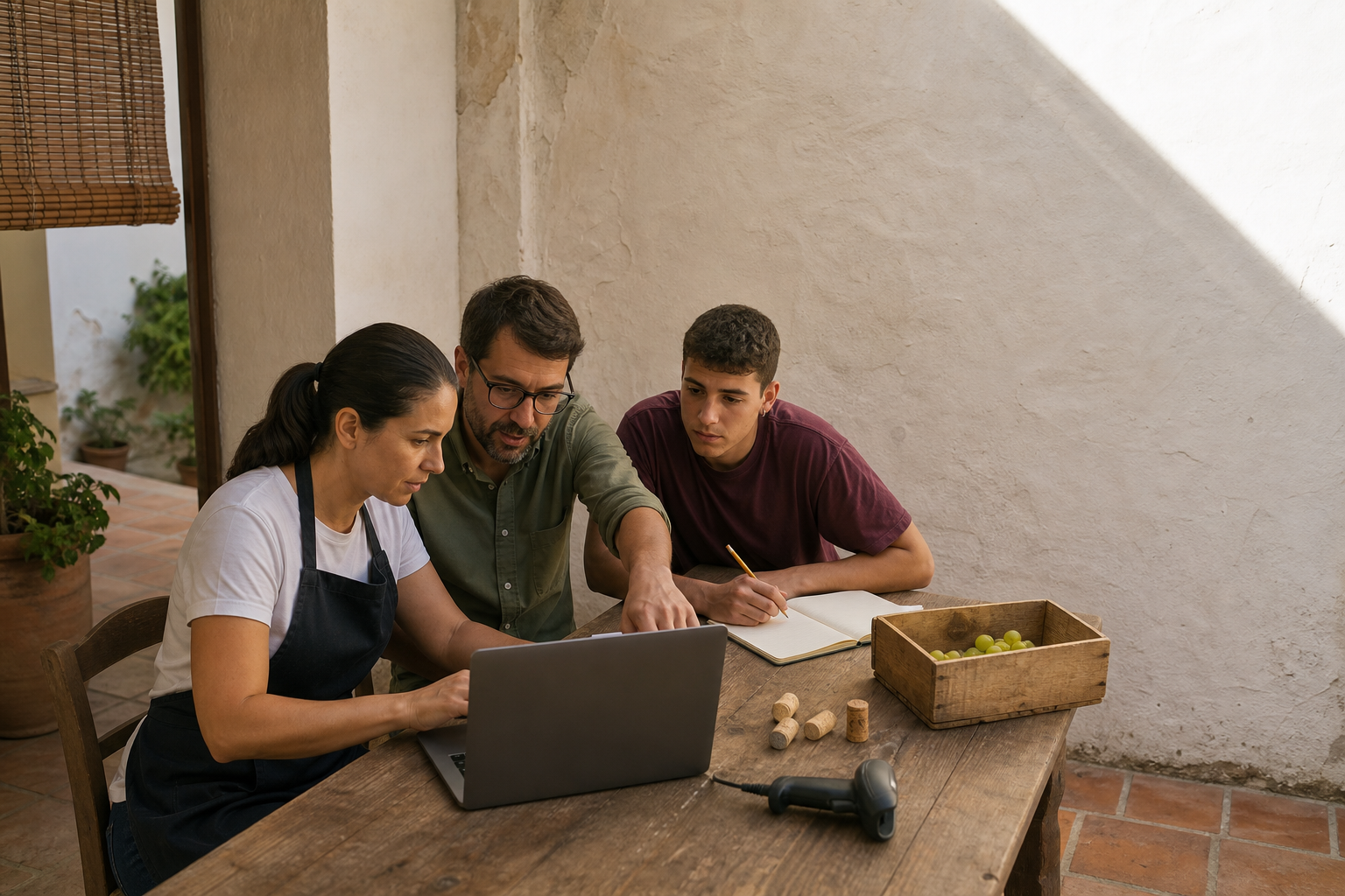 Tres adultos trabajan con un portátil sin marcas y materiales de bodega en una escena conceptual sobre formación práctica en IA aplicada en Jerez.