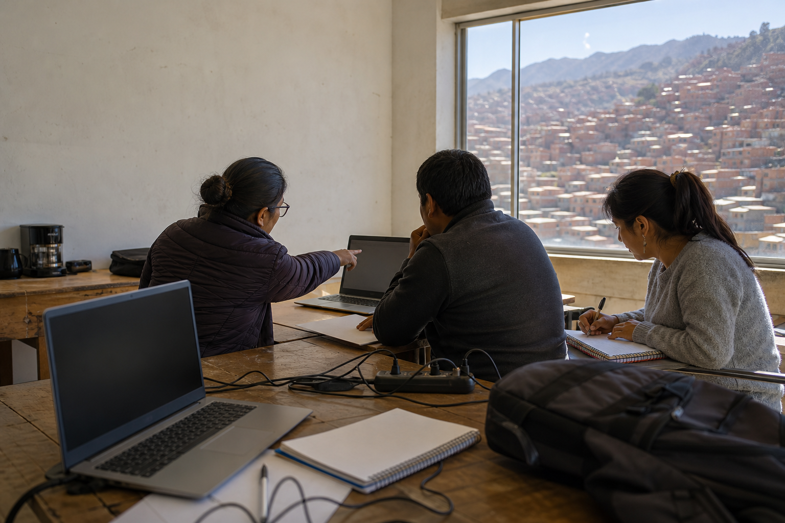 Reconstrucción editorial conceptual de una sesión de aprendizaje de inteligencia artificial en La Paz: tres estudiantes adultos colaboran alrededor de una mesa con computadoras, mientras una ladera urbana andina se ve por la ventana.