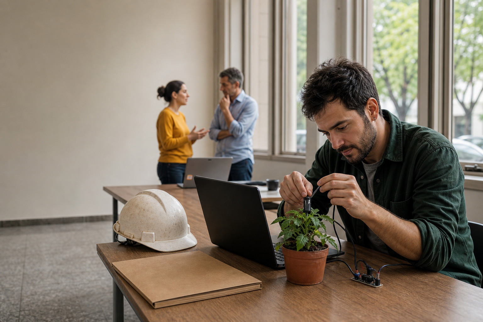 Tres adultos participan en una escena conceptual de formación en IA, con una computadora, un sensor para una planta de tomate y objetos vinculados al trabajo local.