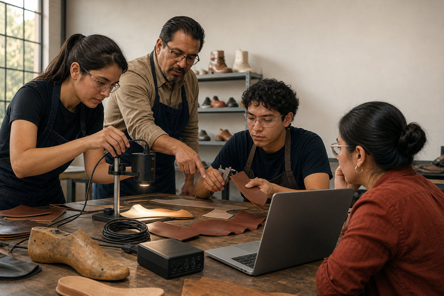 Grupo de adultos en un taller formativo observa una cámara de visión artificial enfocada en piezas de calzado de cuero, junto a herramientas y una computadora.
