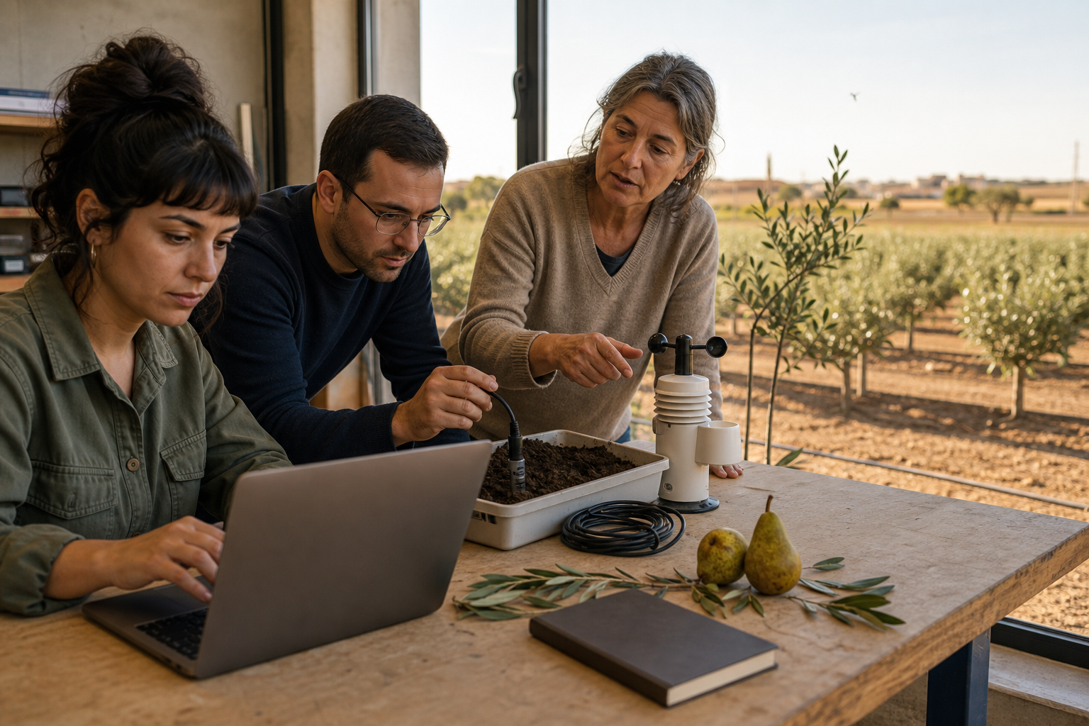 Tres personas aprenden a trabajar con un portátil y sensores agrícolas en un aula-taller, con un campo de Lleida al fondo.