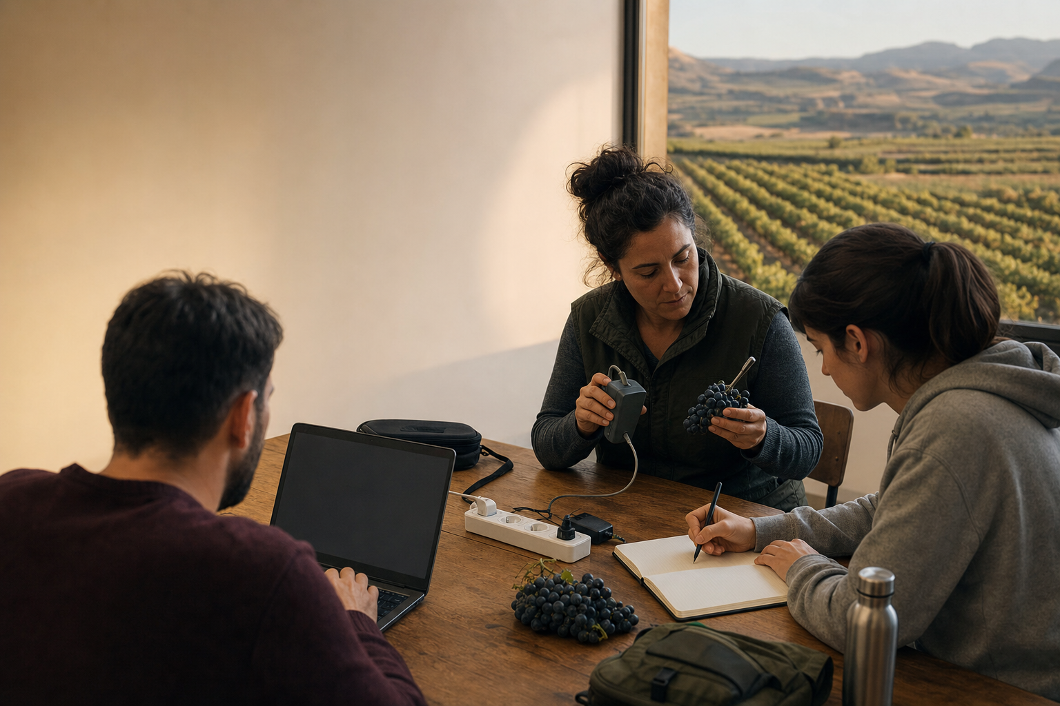 Escena conceptual de tres adultos en un aula-taller, trabajando con uvas, una sonda agrícola, un cuaderno y un portátil, con viñedos riojanos al fondo.