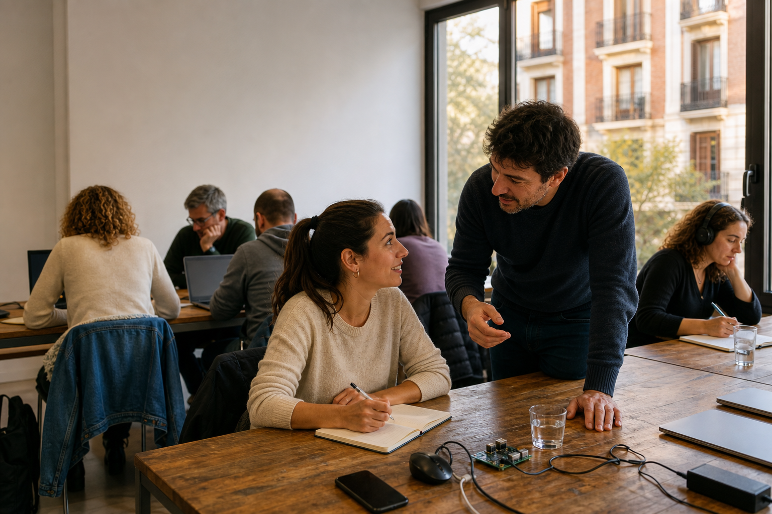 Alumnado adulto participa en una clase práctica de tecnología en un aula luminosa, con el paisaje urbano de Madrid al fondo.