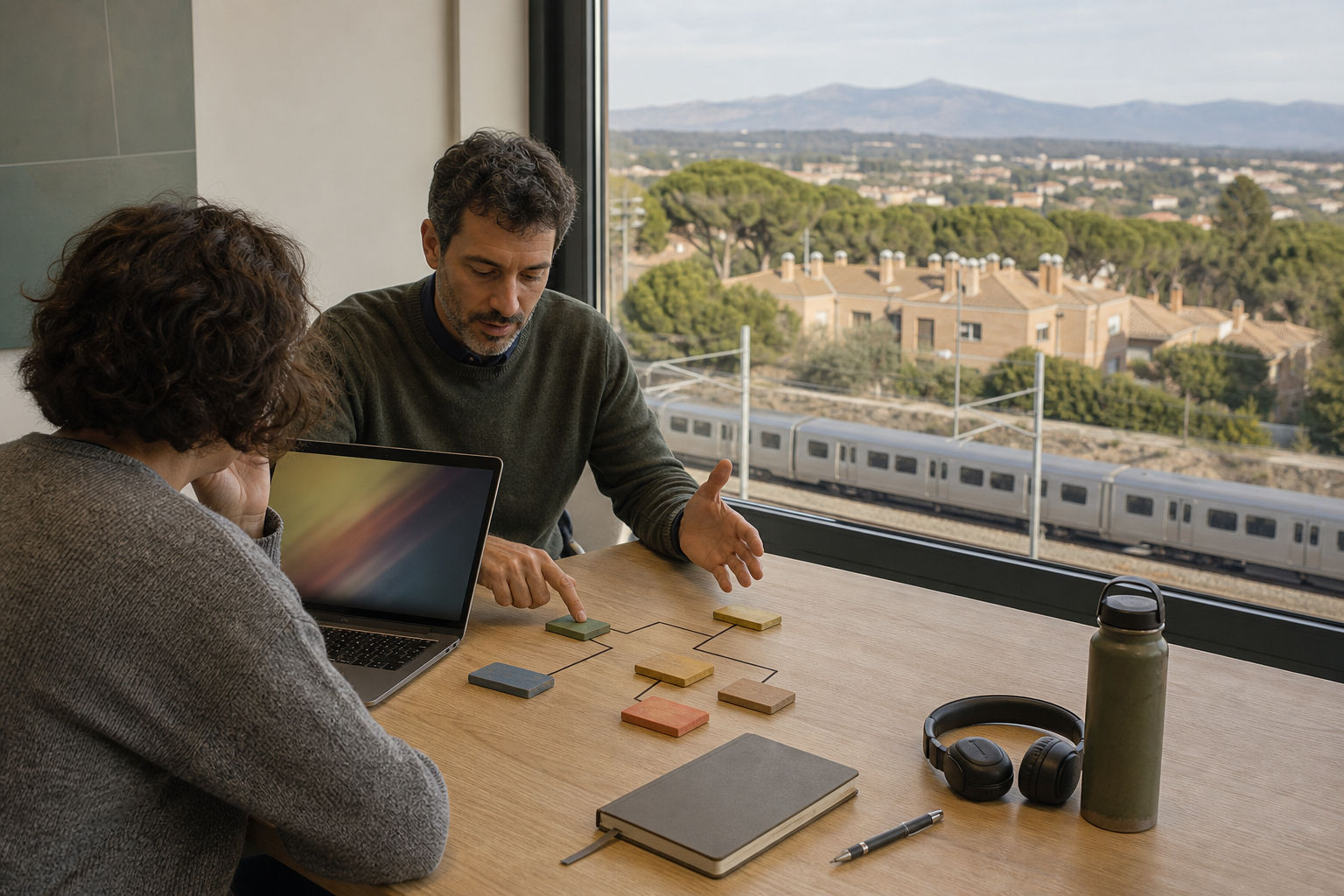 Una persona adulta estudia con un portátil junto a una tutora en un aula luminosa; al fondo, un tren y el paisaje del noroeste de Madrid evocan la formación presencial y en línea.