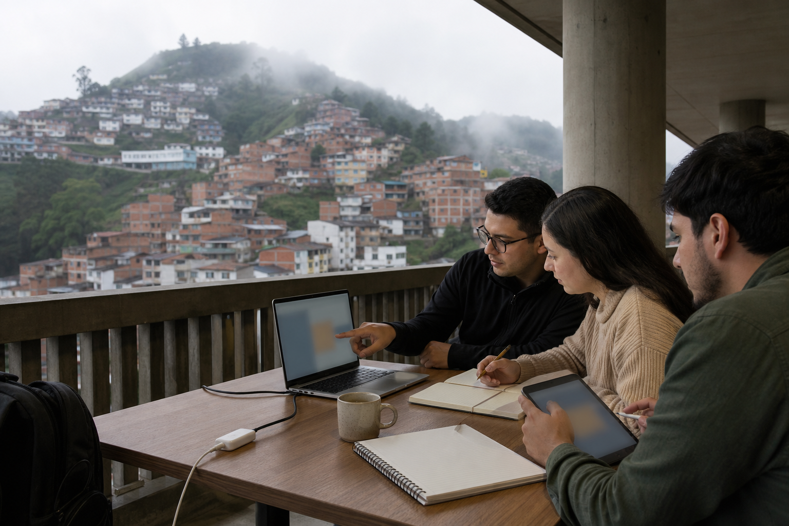 Tres estudiantes trabajan con un portátil en una terraza universitaria, con las laderas urbanas y la neblina de Manizales al fondo.