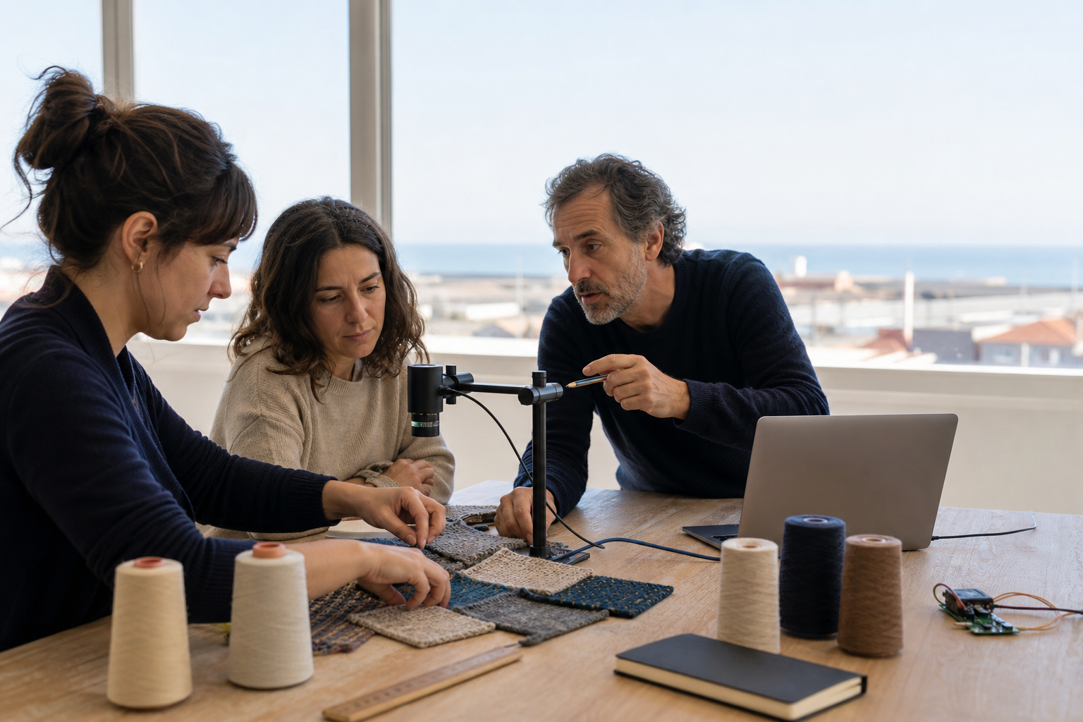 Escena editorial inspirada en Mataró: alumnado adulto aprende visión artificial con una cámara, un portátil y muestras de tejido en un aula-taller luminosa.