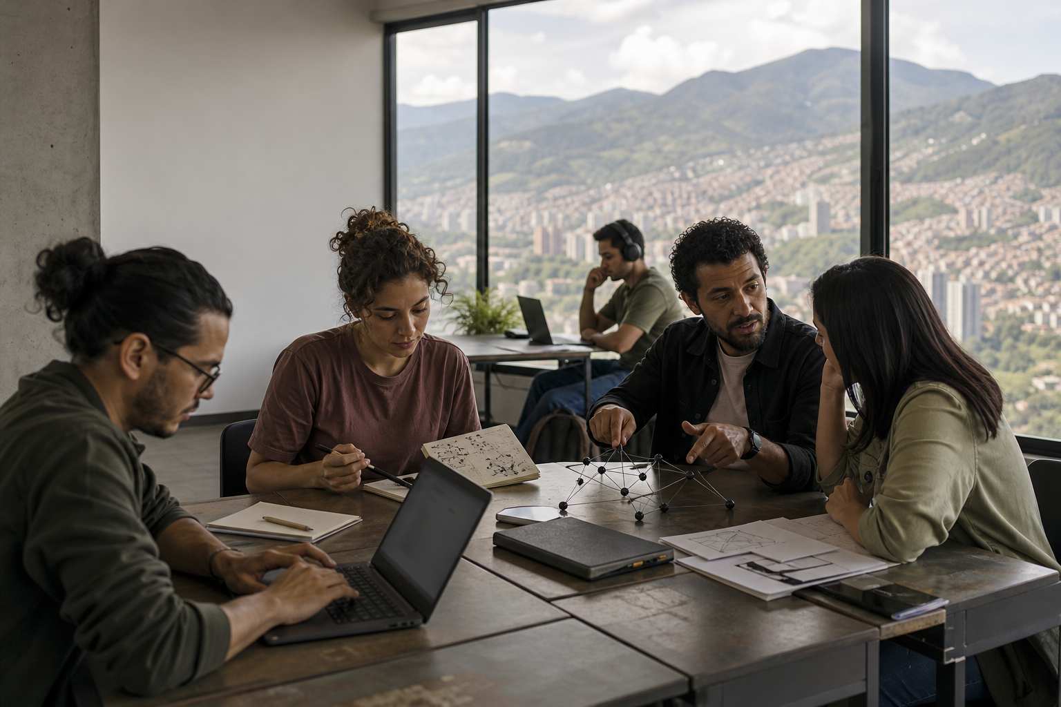 Estudiantes adultos trabajan con portátiles en un aula luminosa, con las laderas urbanas y montañosas de Medellín al fondo.