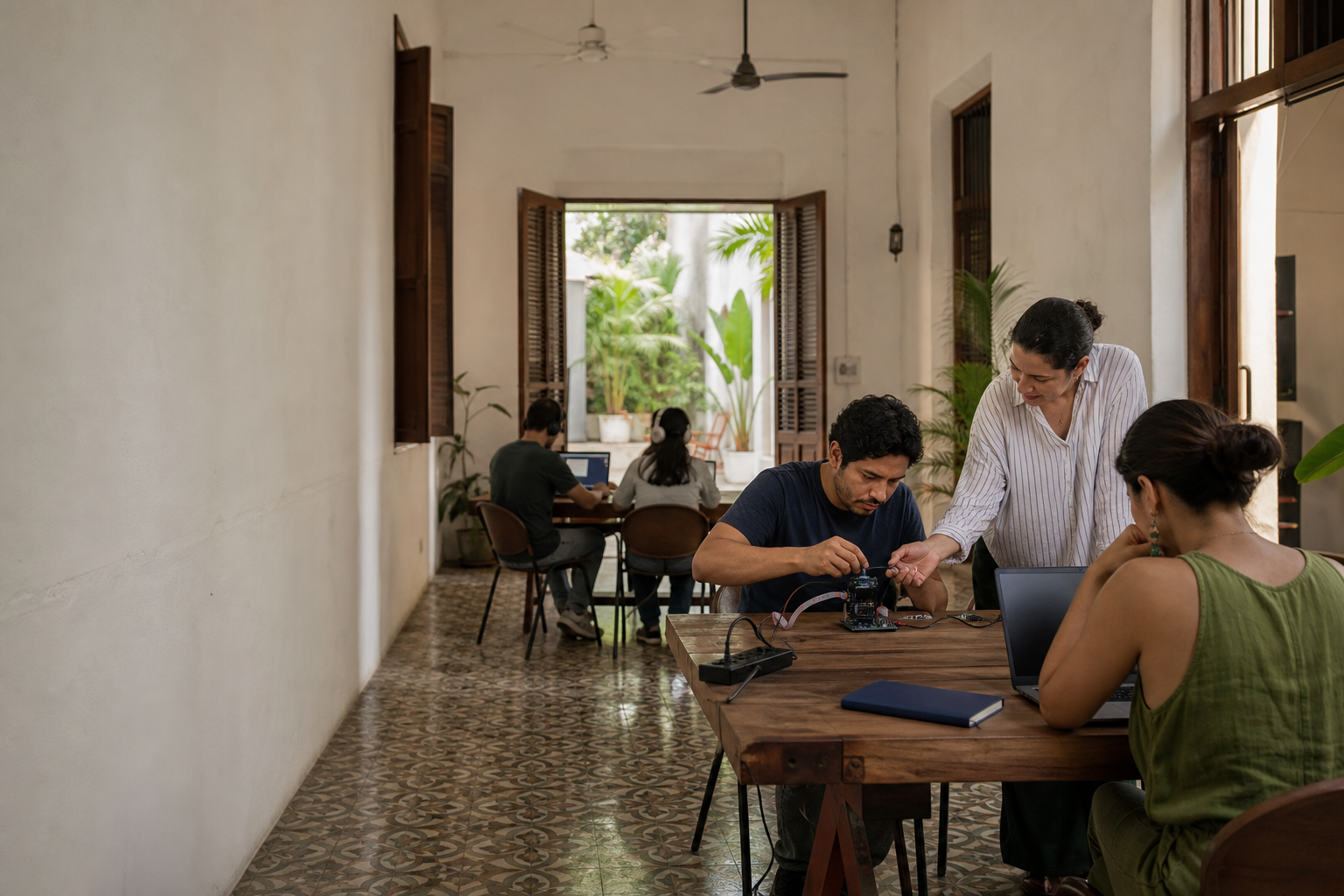 Personas adultas practican con una computadora y un kit educativo en un aula yucateca abierta a un patio tropical.