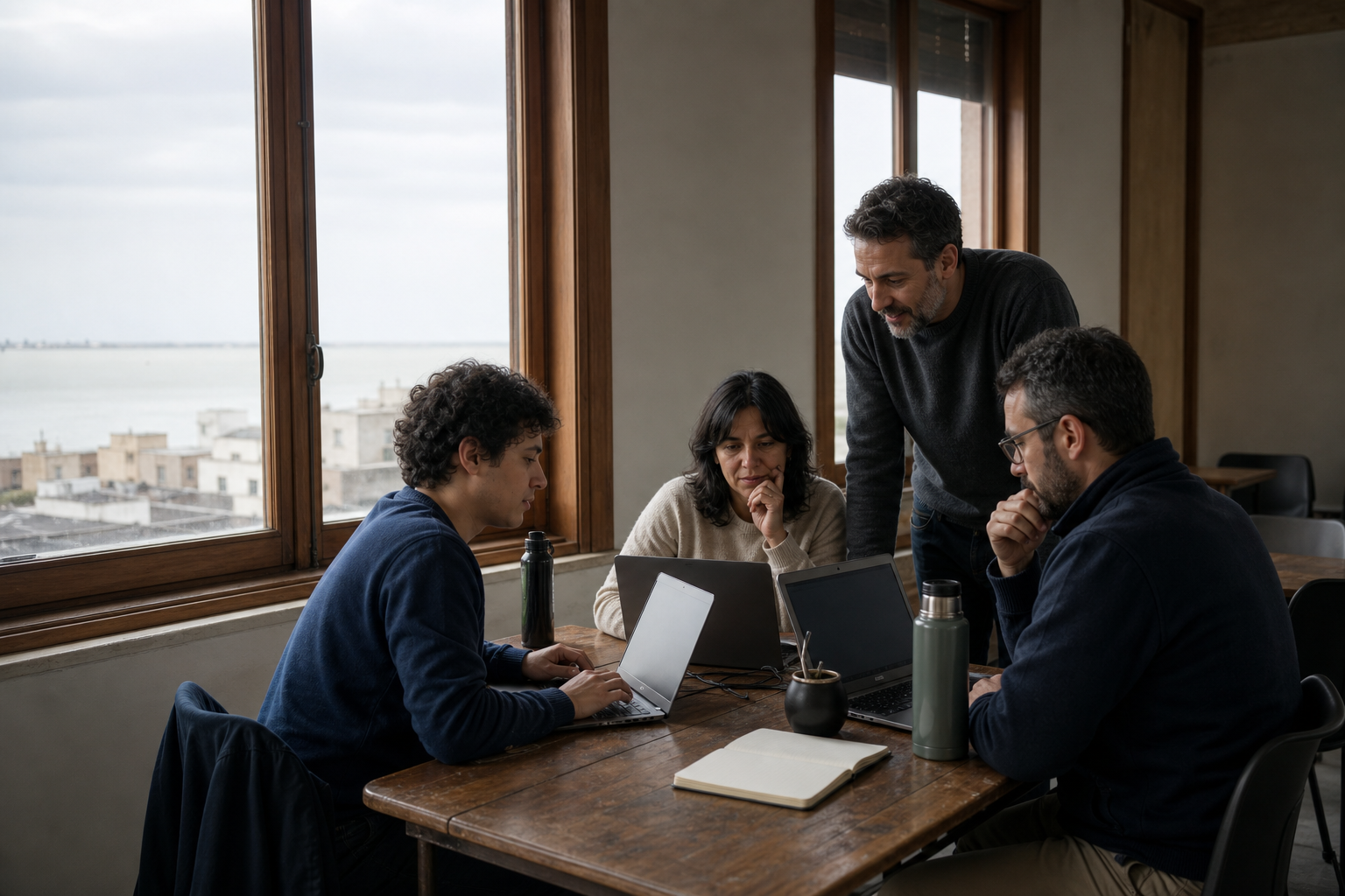 Tres personas adultas participan en una clase conceptual de inteligencia artificial en Montevideo, con computadoras, mate y luz del Río de la Plata.