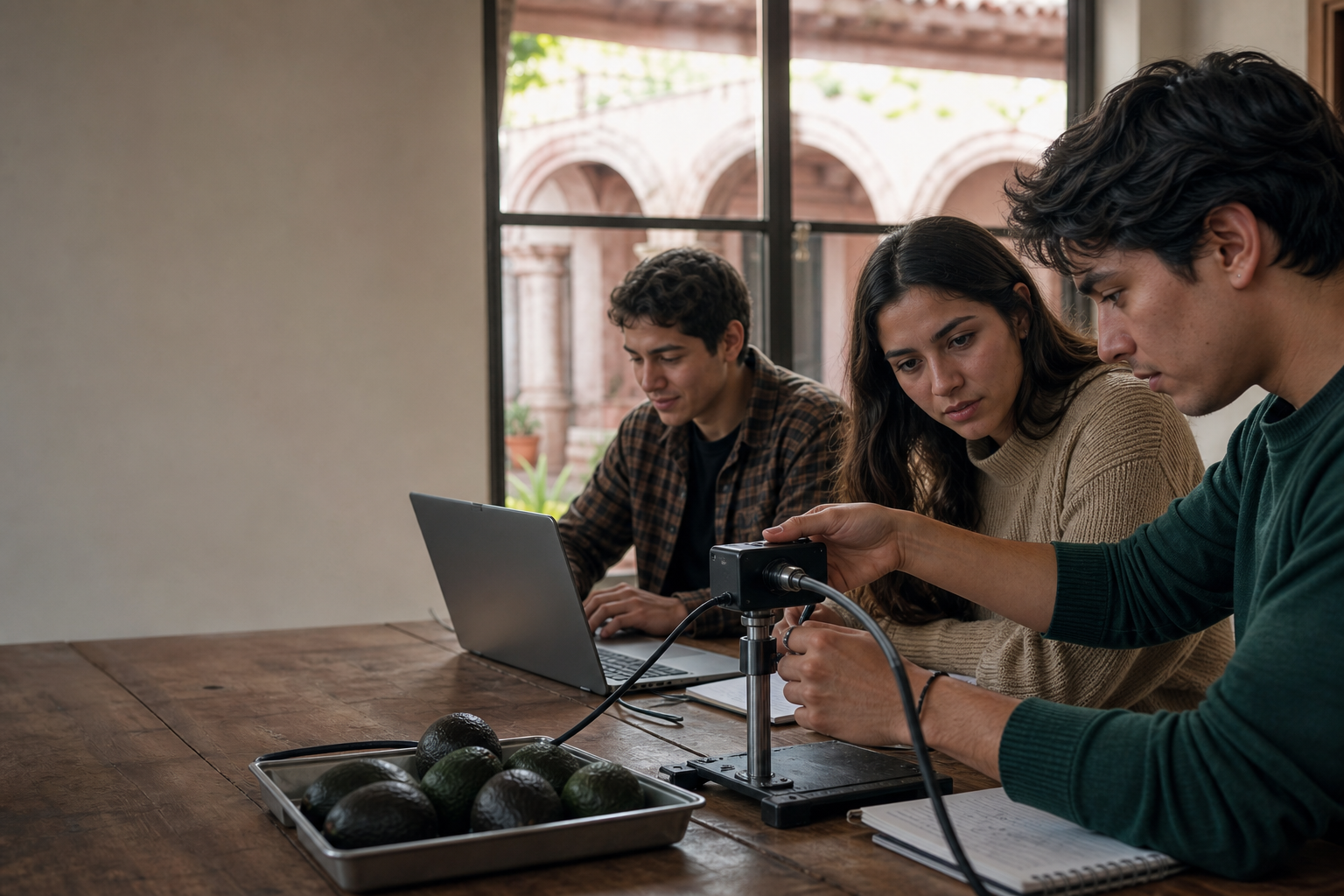 Tres adultos participan en un taller conceptual de IA con una cámara que examina aguacates, en un espacio que evoca la arquitectura de Morelia.