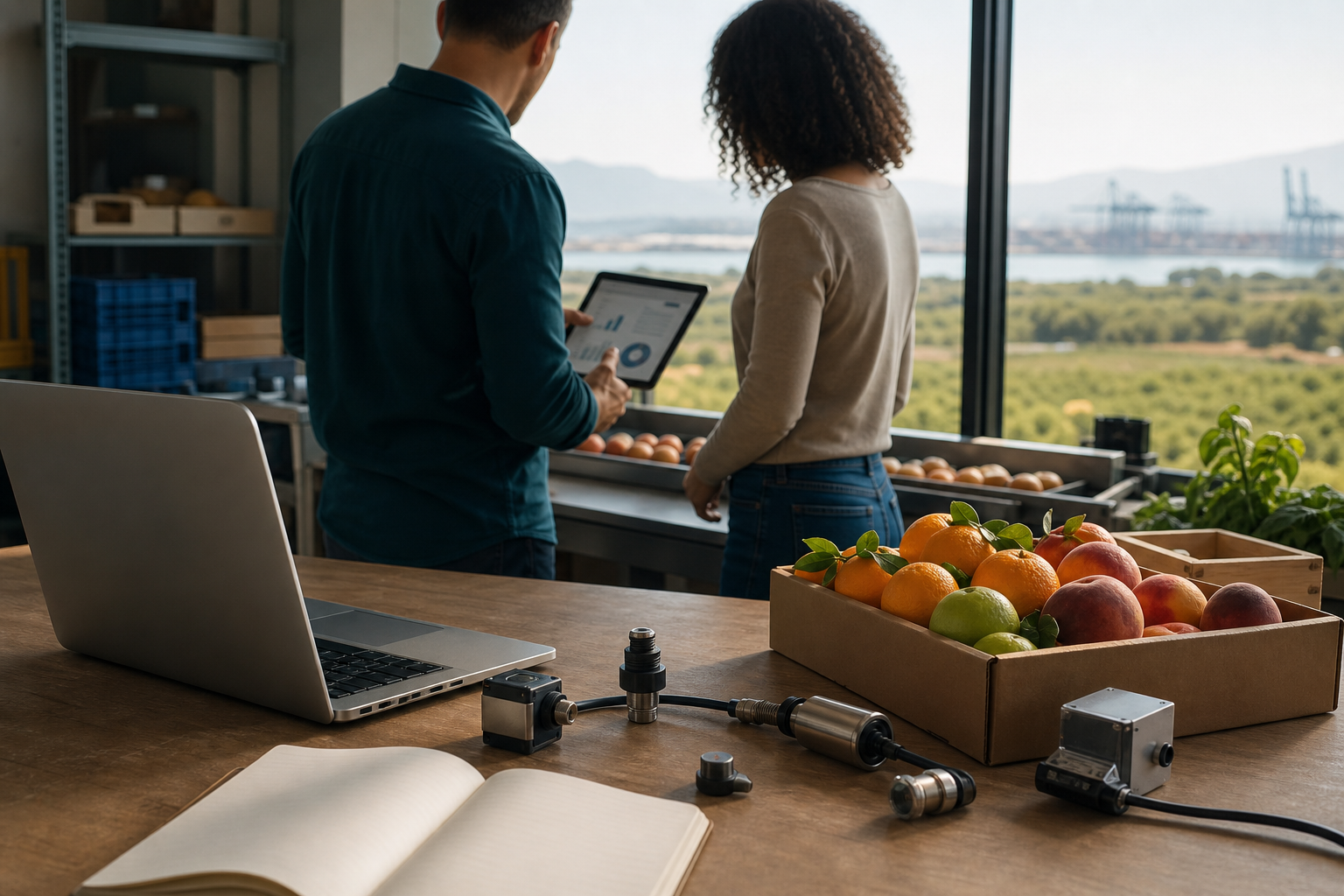 Aula-taller con estudiantes analizando sensores y muestras de fruta para ilustrar la formación práctica en inteligencia artificial aplicada a la economía de Murcia.
