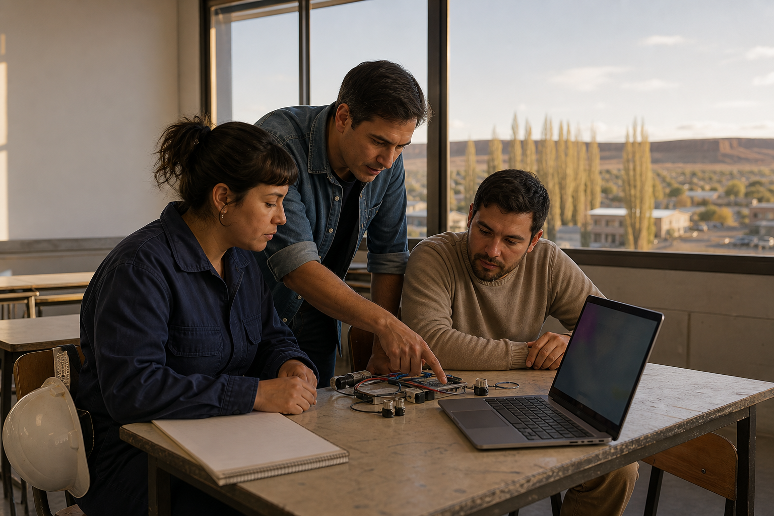 Dos adultos estudian con una computadora y un equipo de sensores en un aula técnica inspirada en el paisaje de Neuquén.