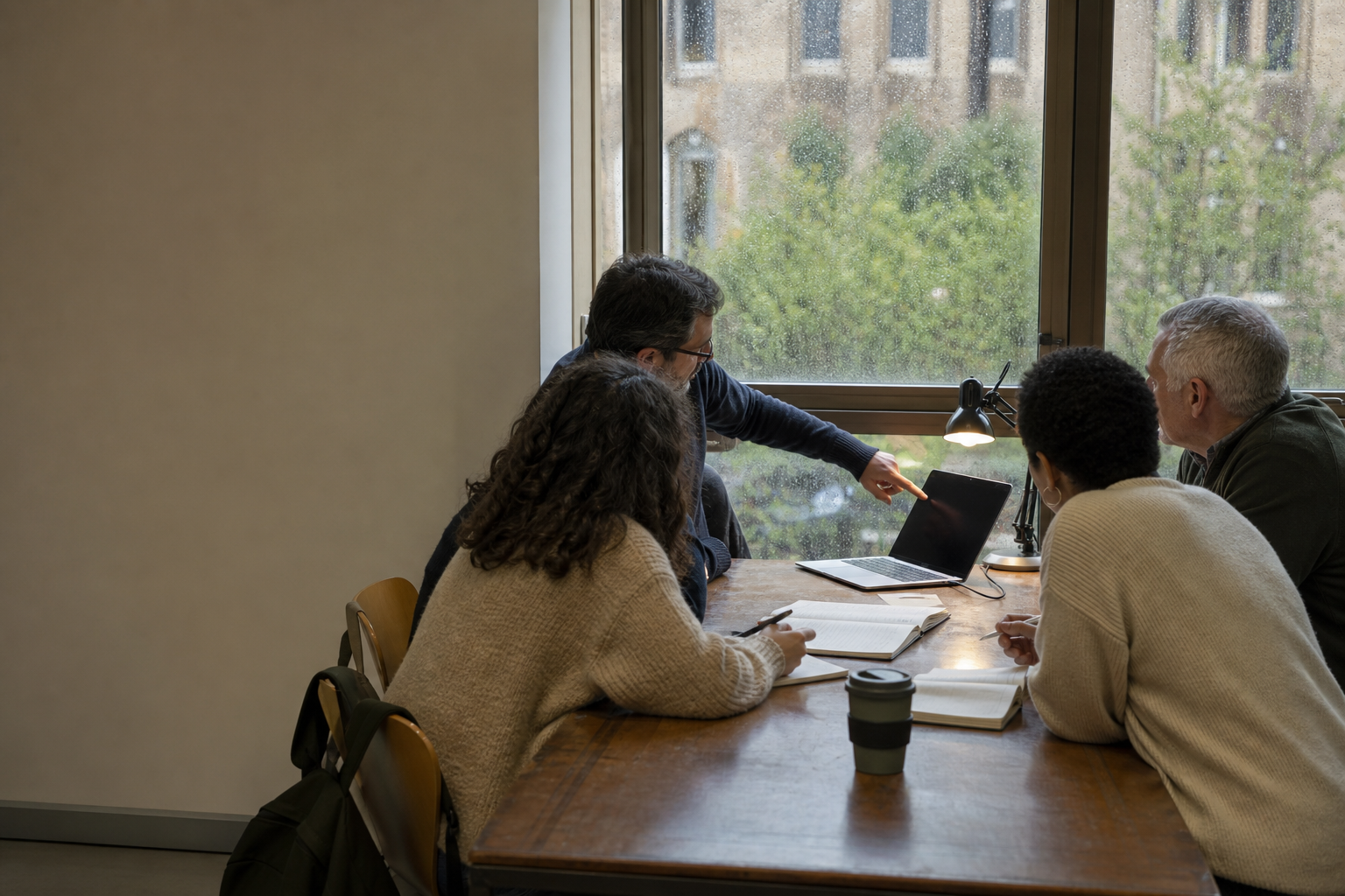 Escena conceptual de un taller de formación práctica en inteligencia artificial, con adultos y una docente alrededor de un portátil en un aula sobria de Oviedo.