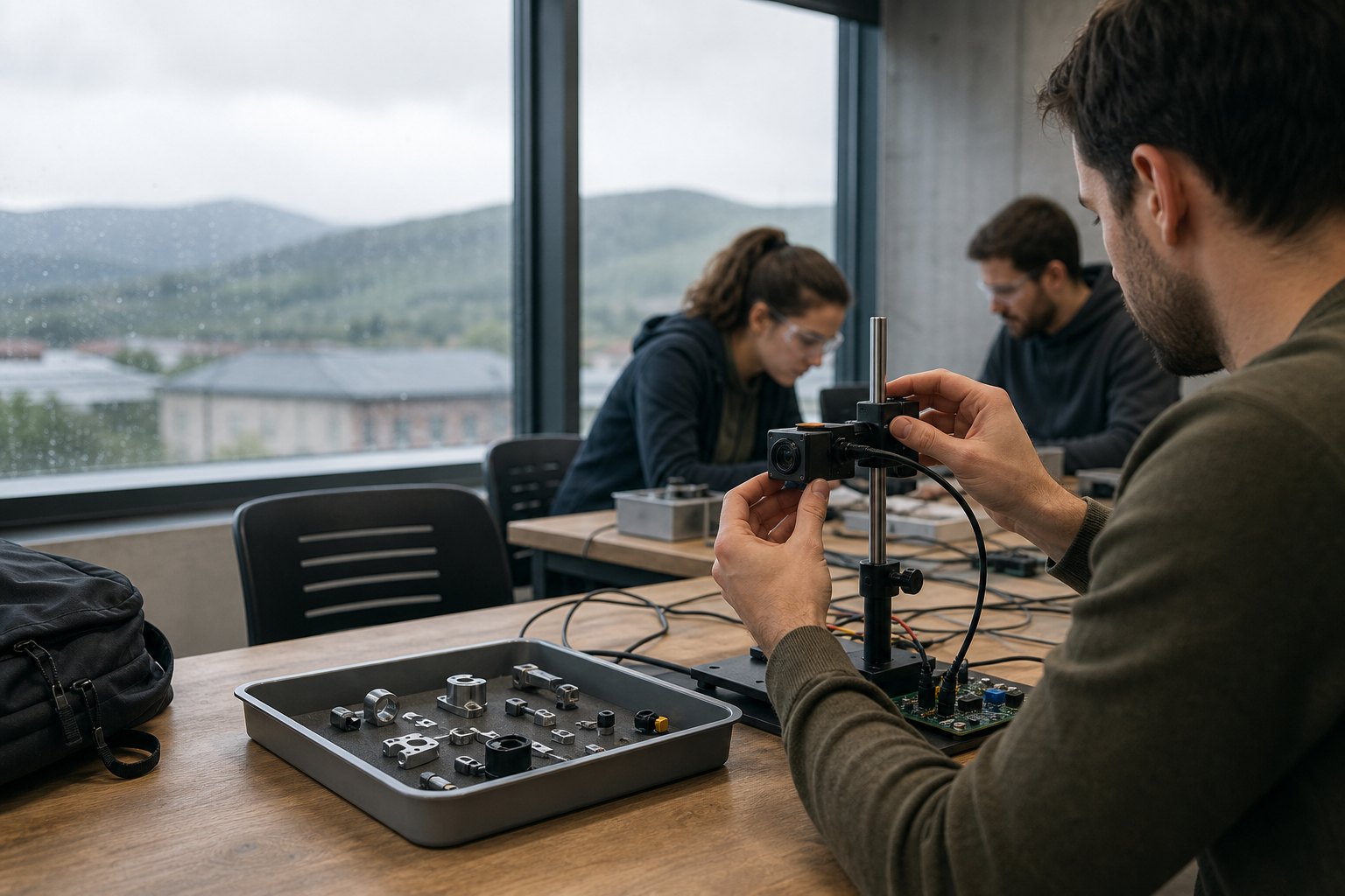 Recreación editorial de un aula-taller de formación en inteligencia artificial en Pamplona: una persona adulta ajusta un sensor industrial sobre una mesa con piezas metálicas y componentes electrónicos, mientras otras dos trabajan desenfocadas al fondo.