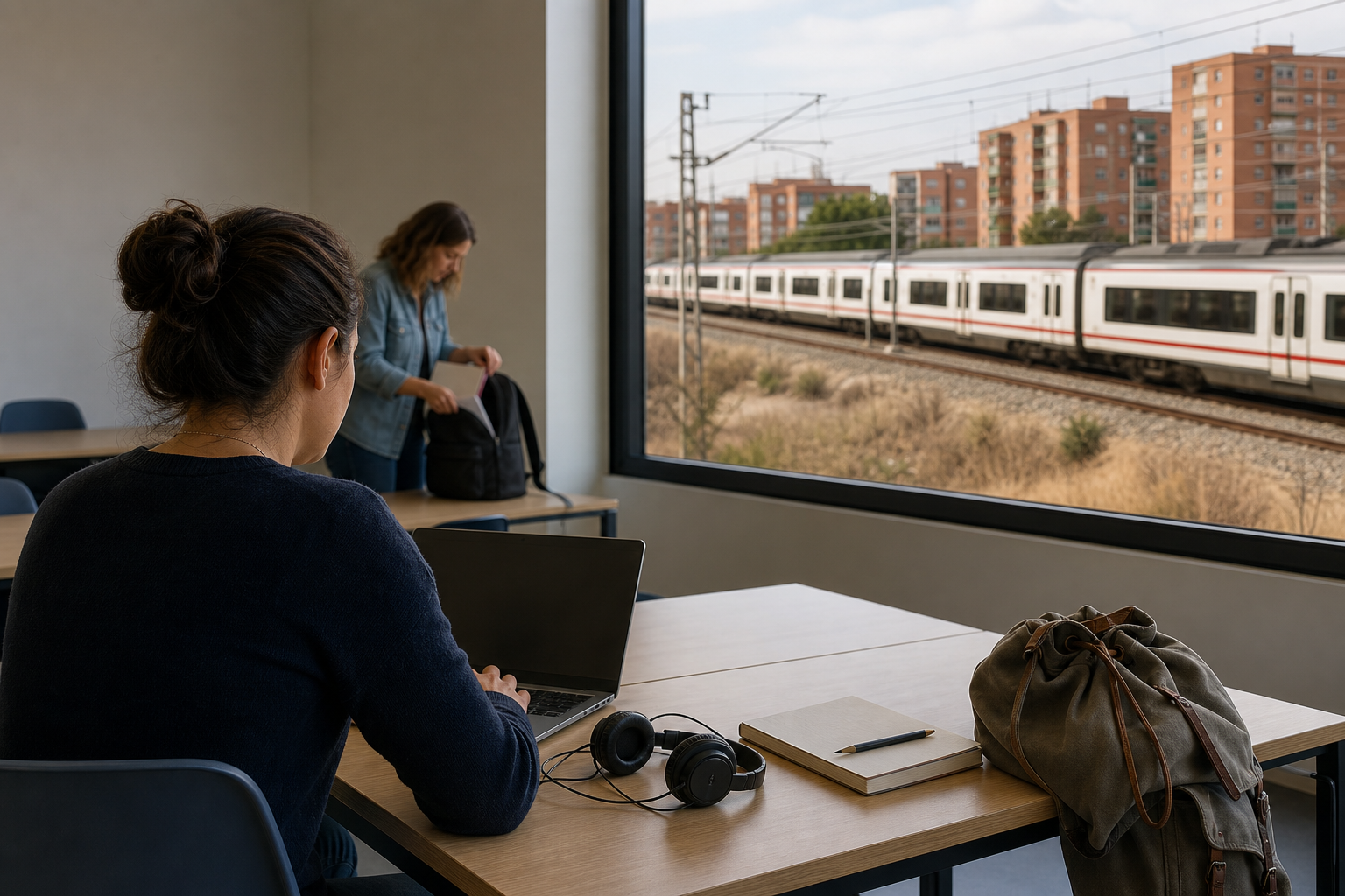 Escena conceptual de una alumna adulta estudiando con un portátil en una sala pública, mientras un tren suburbano pasa ante bloques residenciales del sur de Madrid.