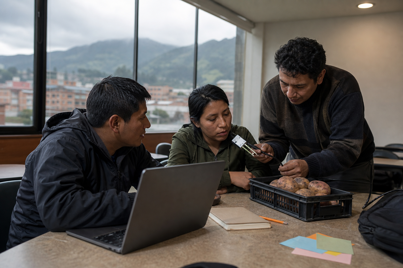 Tres personas adultas participan en una clase tecnológica junto a un portátil y un sensor agrícola, con barrios y laderas andinas nubladas al fondo.