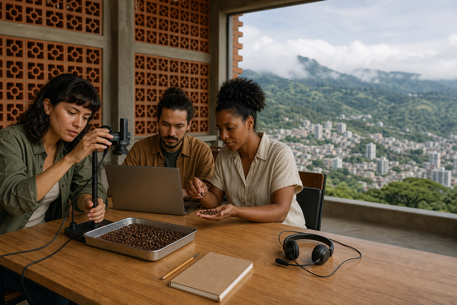 Escena editorial conceptual de tres estudiantes en un aula abierta de Pereira, con un portátil, una cámara sobre una bandeja de granos de café y las montañas al fondo.