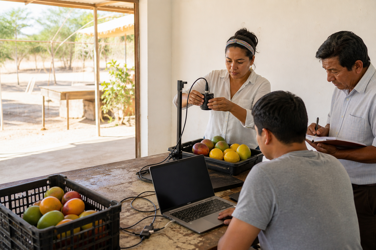 Escena conceptual de tres estudiantes adultos aprendiendo visión por computadora con una cámara, una laptop y mangos en un aula luminosa de clima cálido.