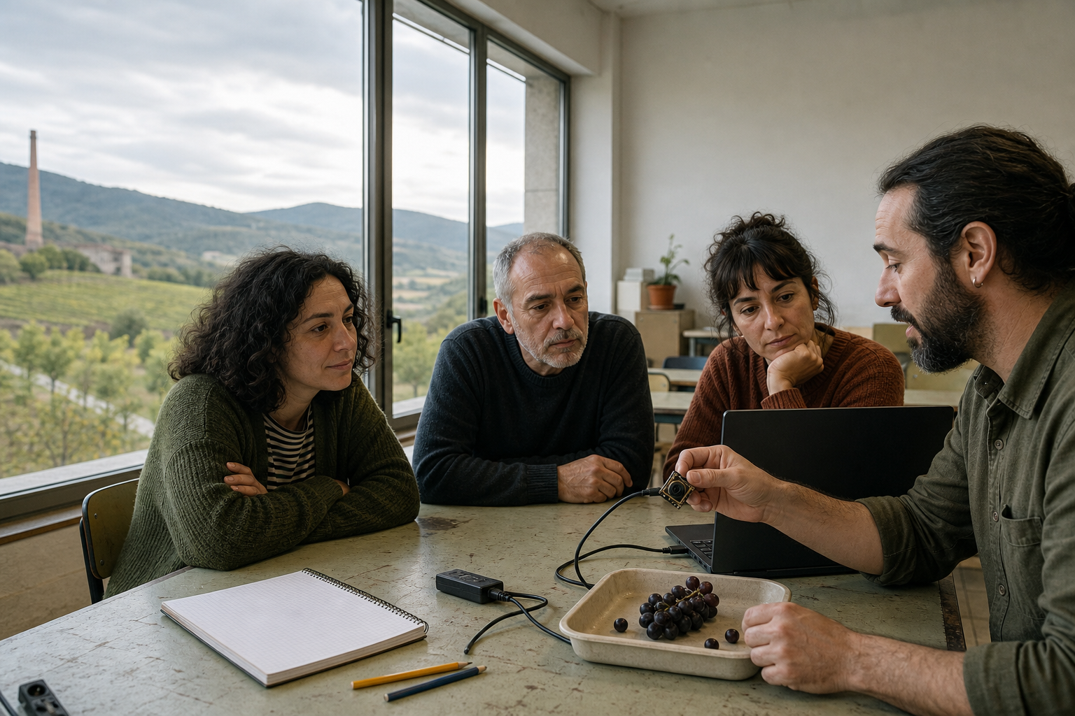 Ilustración conceptual de personas adultas aprendiendo IA con un portátil y un sensor, junto a uvas y un paisaje de viñedos e industria inspirado en El Bierzo.