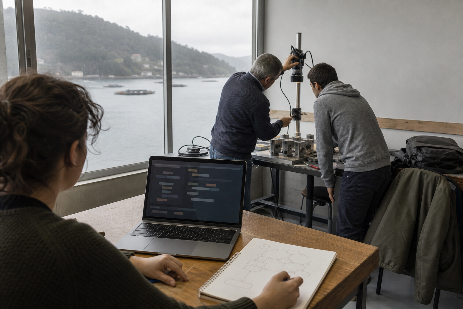 Dos alumnos adultos practican con un portátil y una cámara de visión artificial en un aula, con la ría de Pontevedra al fondo.