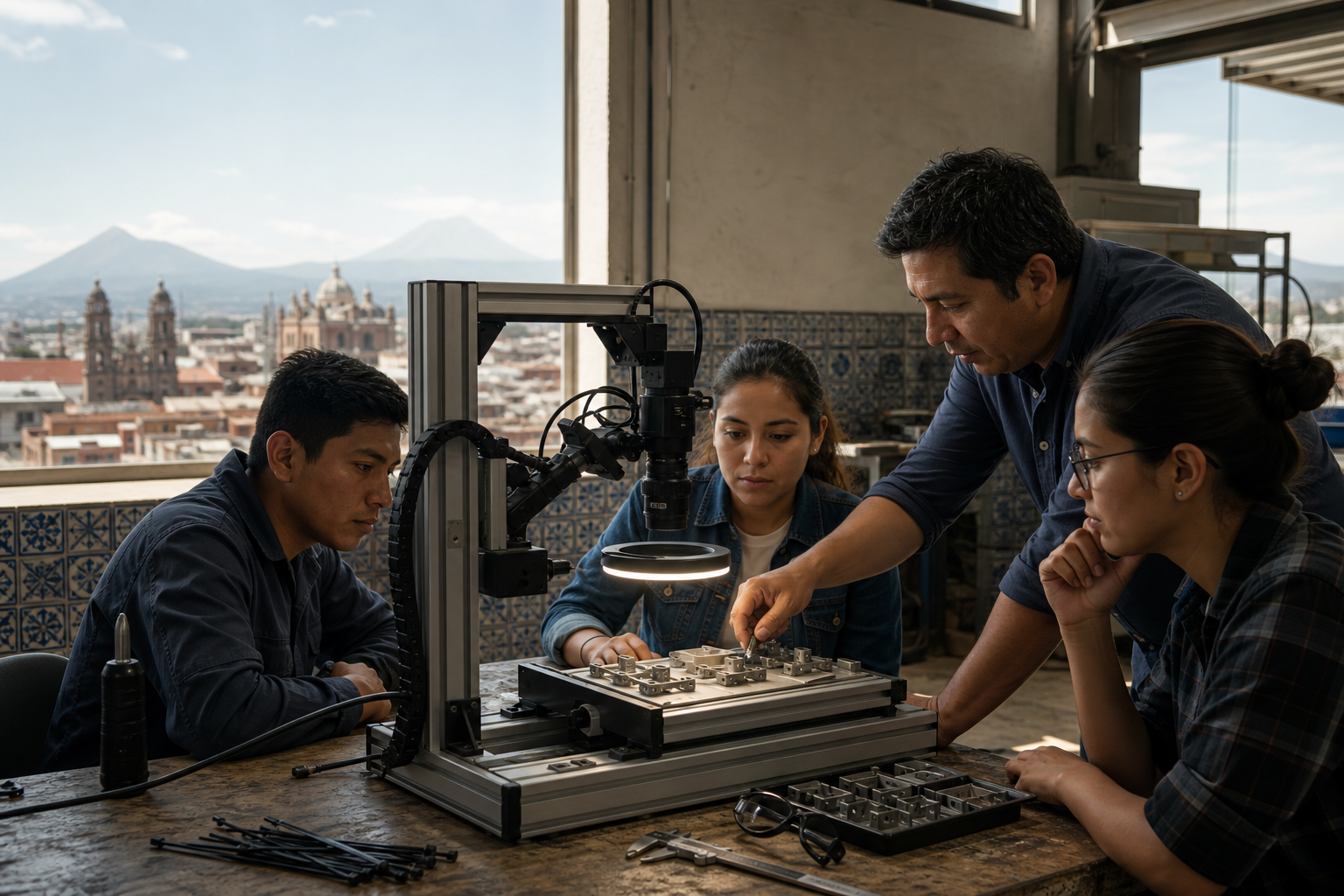 Tres estudiantes adultos y una instructora trabajan con una cámara de inspección sobre piezas metálicas en un taller educativo inspirado en Puebla.