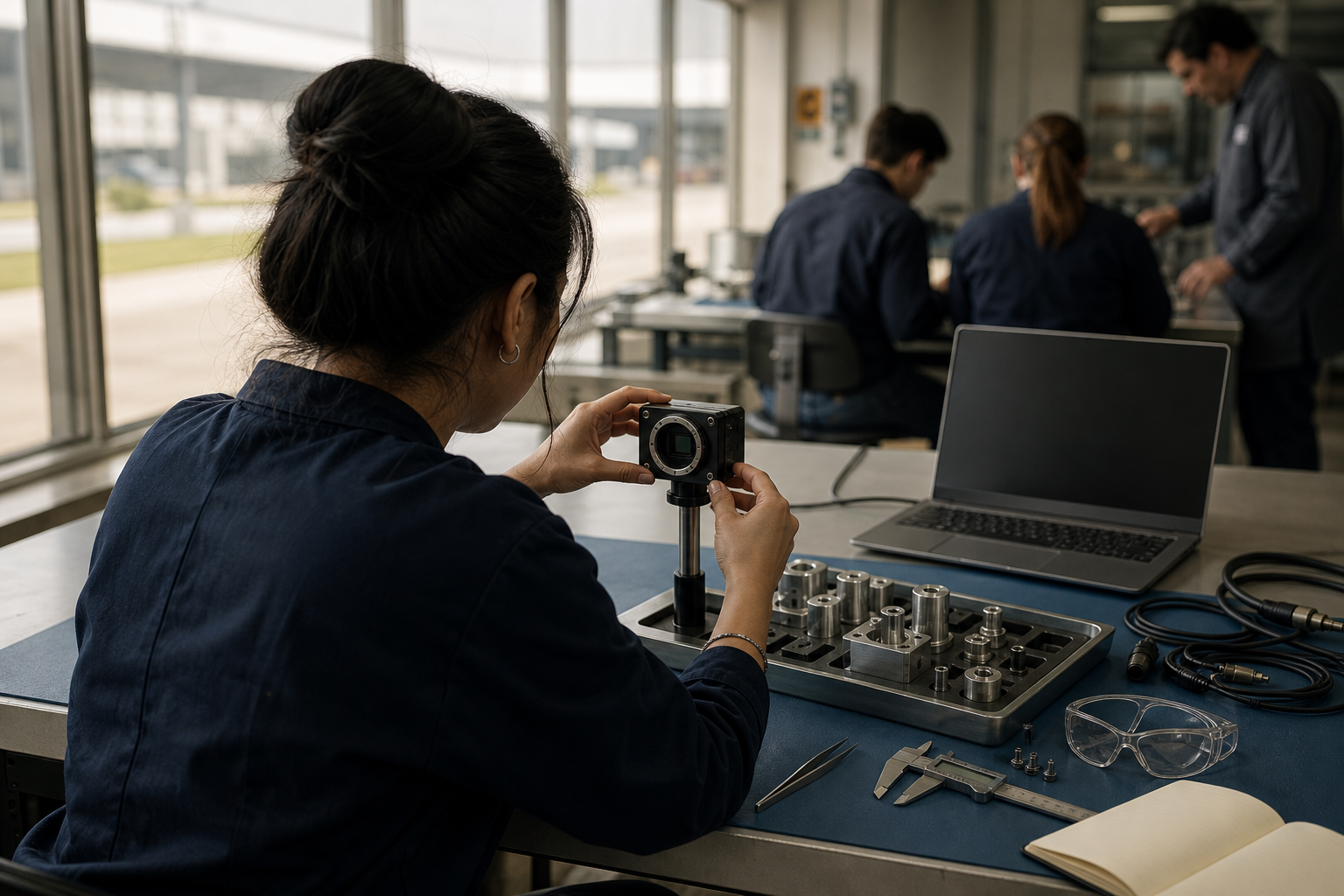 Escena editorial conceptual sobre la formación en inteligencia artificial aplicada en Querétaro: una estudiante trabaja con un sensor industrial y piezas metálicas en un aula-taller sin marcas.