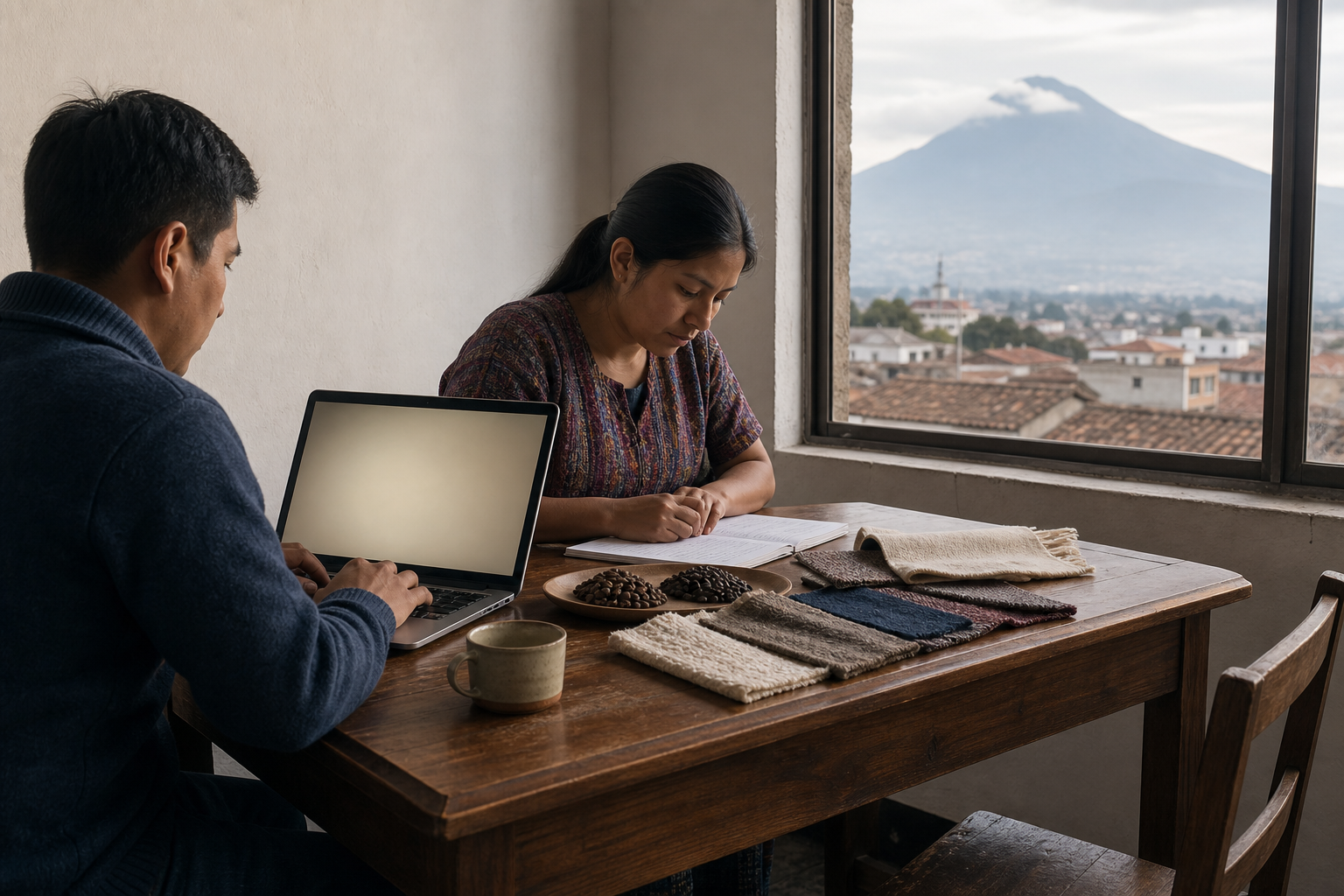 Escena editorial conceptual de dos estudiantes con una laptop y materiales de café y textiles, frente a una vista de Quetzaltenango y el volcán Santa María.