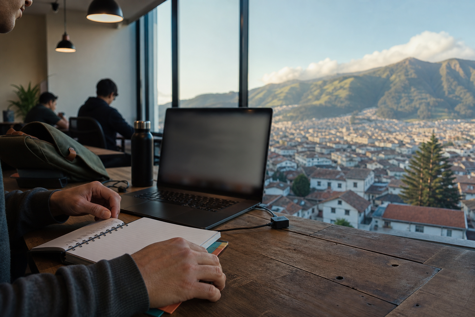 Escena conceptual de una persona adulta estudiando frente a un portátil en Quito, con un cuaderno en primer plano y las laderas de la ciudad visibles por la ventana.