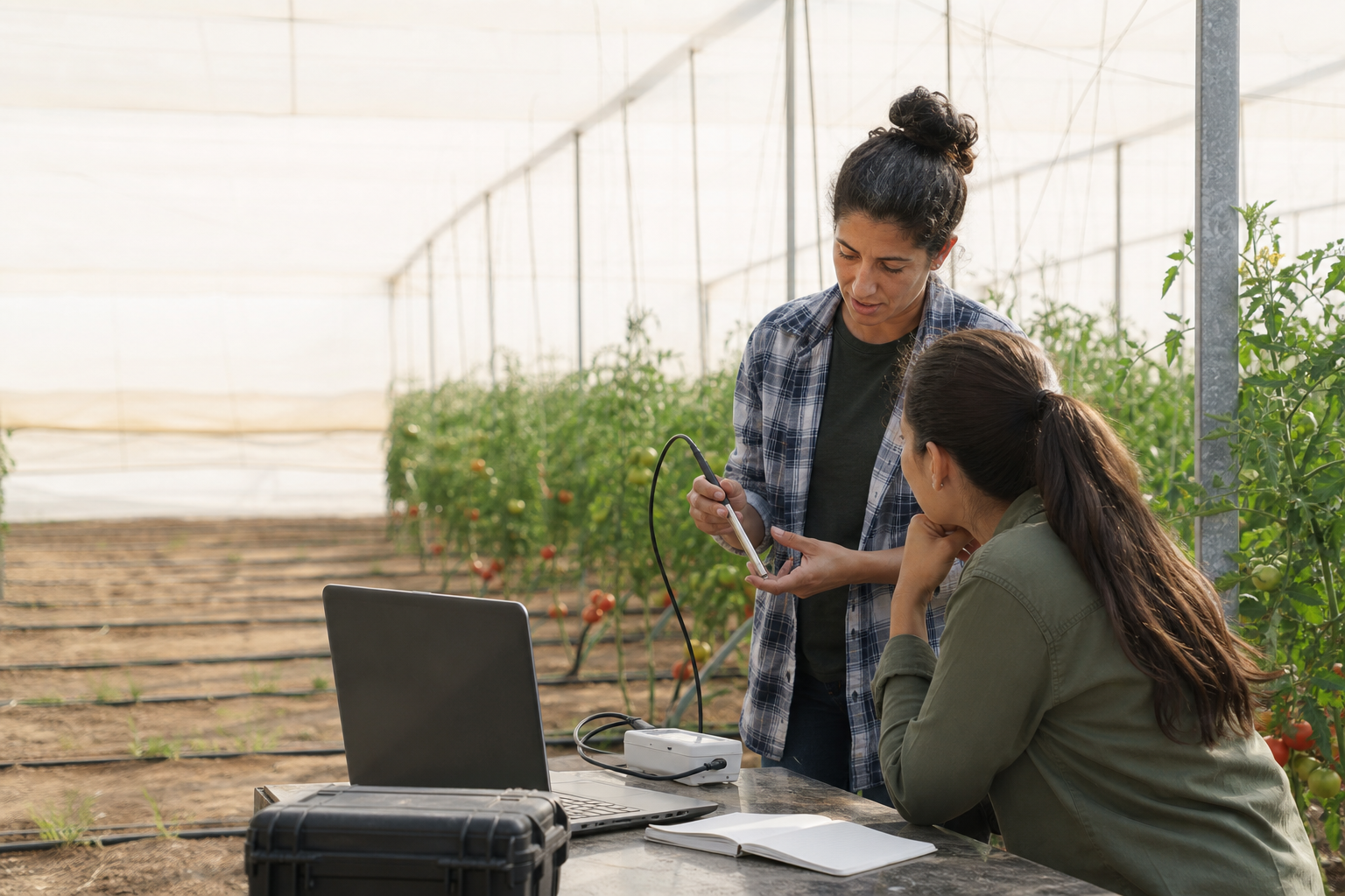 Una alumna adulta y un formador examinan un sensor de cultivo junto a un portátil, entre hileras de tomateras en un invernadero.