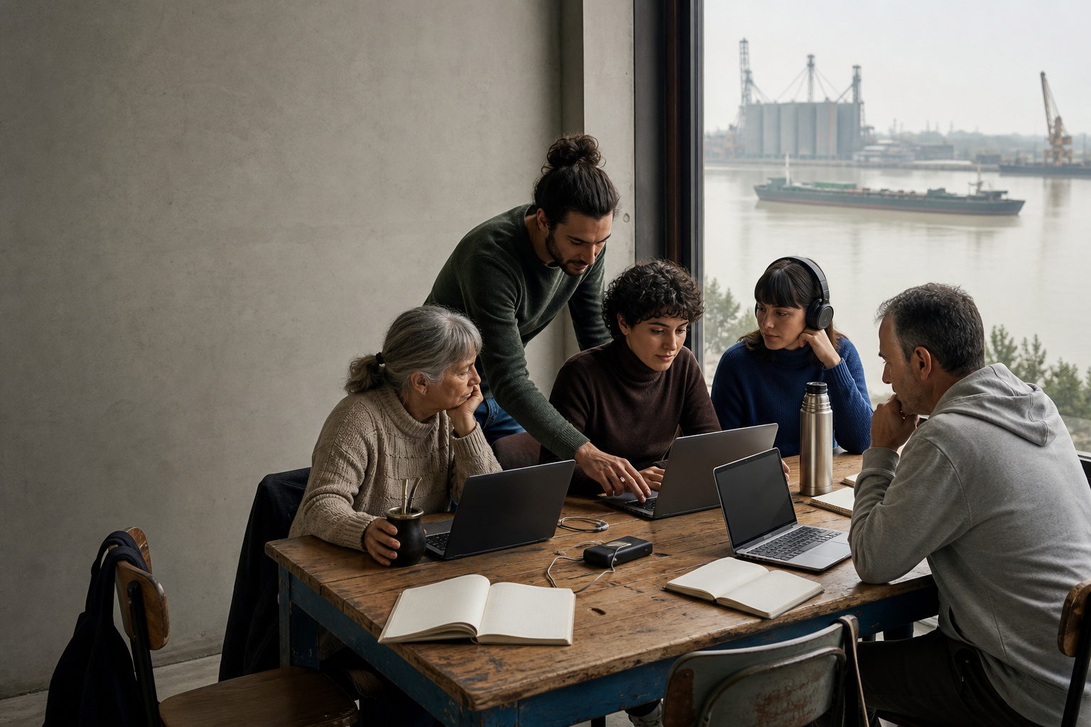 Personas adultas trabajan con computadoras en un aula, con el río Paraná y la actividad portuaria de Rosario al fondo.