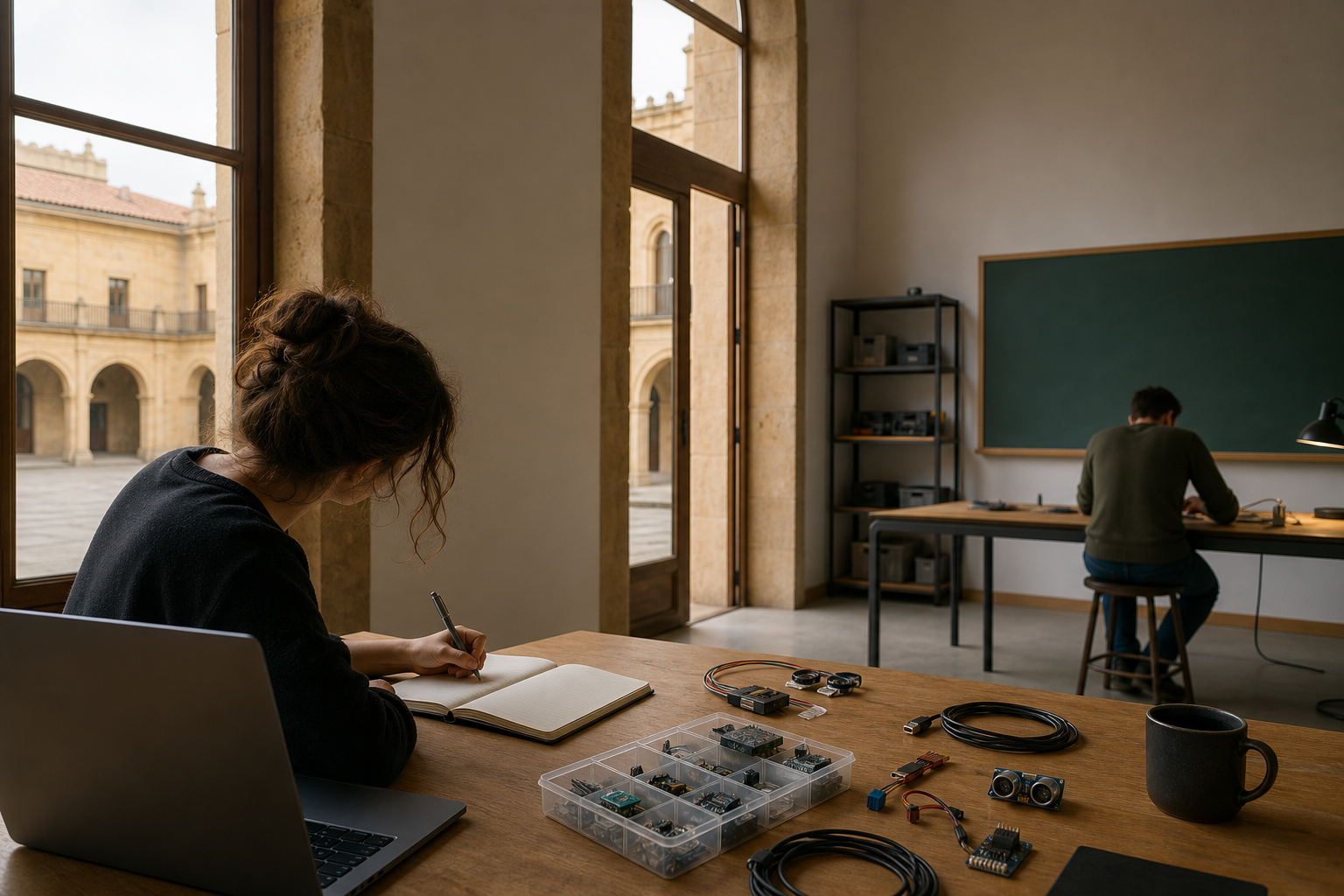Escena conceptual de formación práctica en inteligencia artificial en Salamanca: personas adultas anónimas trabajan en un aula de innovación junto a un portátil y un pequeño kit de sensores, con arquitectura universitaria de piedra dorada al fondo.