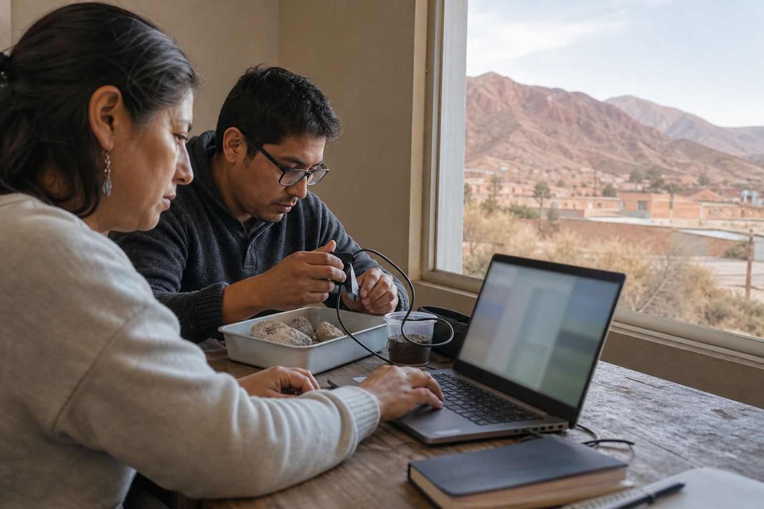 Dos estudiantes adultos trabajan con una computadora, un sensor agrícola y muestras minerales en un aula con los cerros secos de Salta al fondo.