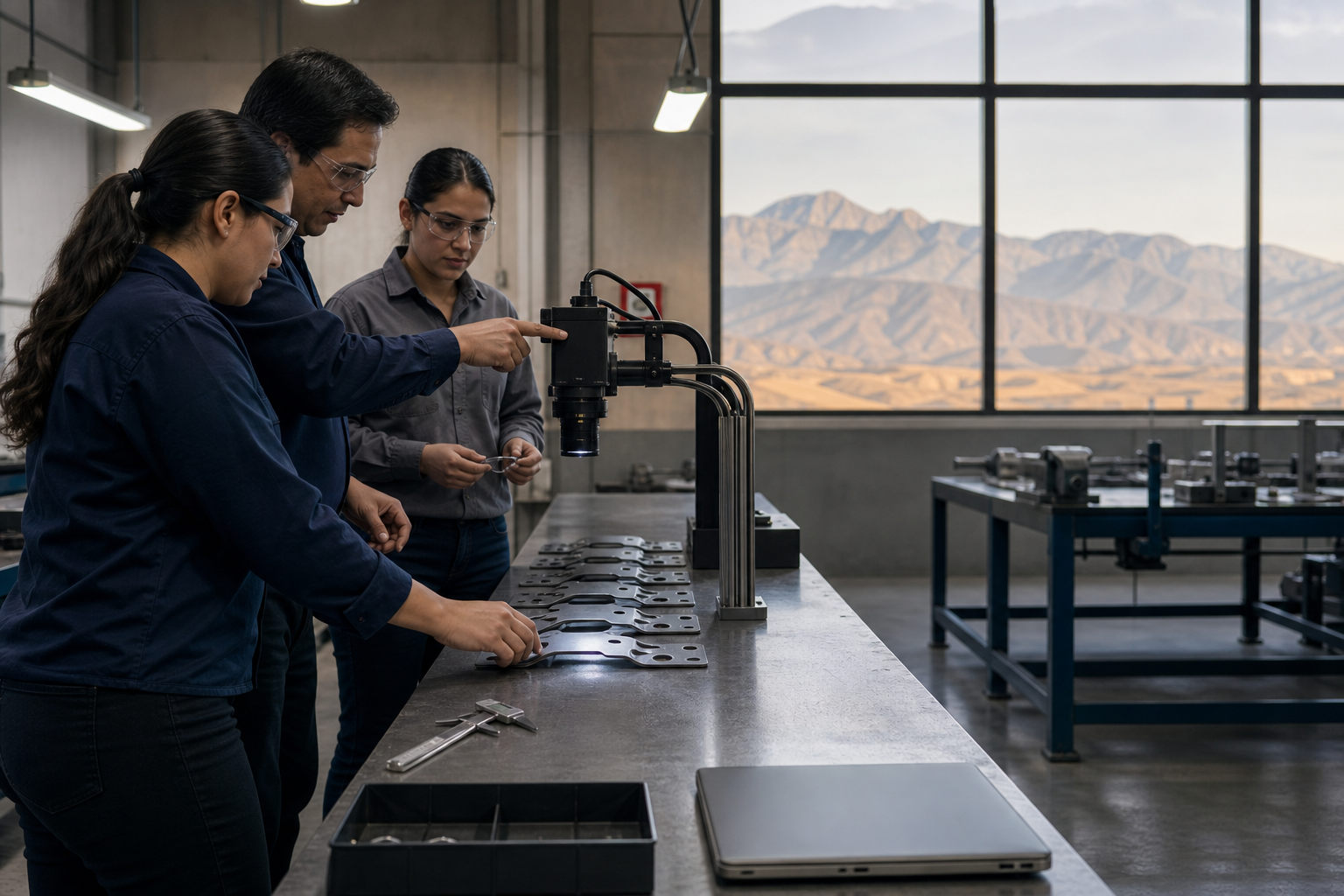 Escena conceptual de tres adultos en un taller-aula examinando piezas de acero bajo una cámara de visión artificial.