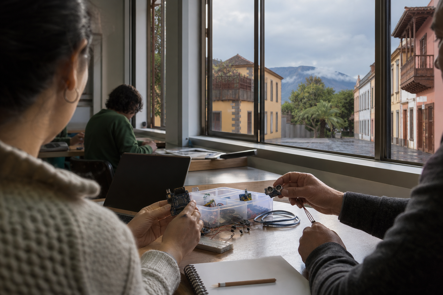 Imagen conceptual de dos personas adultas no identificables aprendiendo tecnología en un aula, con un portátil sin marcas, un kit de sensores y un cuaderno en blanco; por la ventana se ven fachadas de La Laguna y un paisaje volcánico de Tenerife.