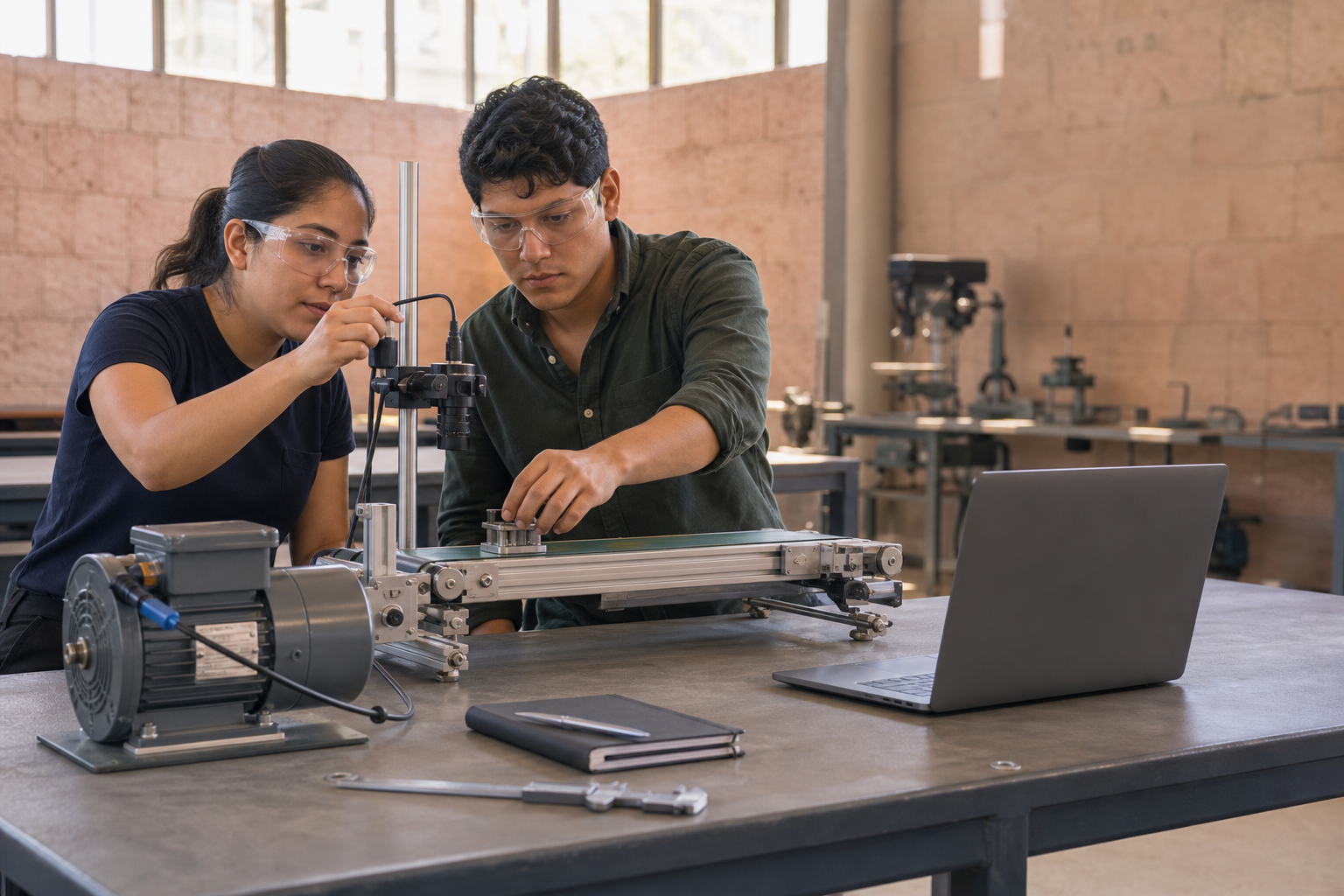 Escena conceptual de dos estudiantes que calibran una cámara sobre una pieza industrial en un laboratorio docente de San Luis Potosí.