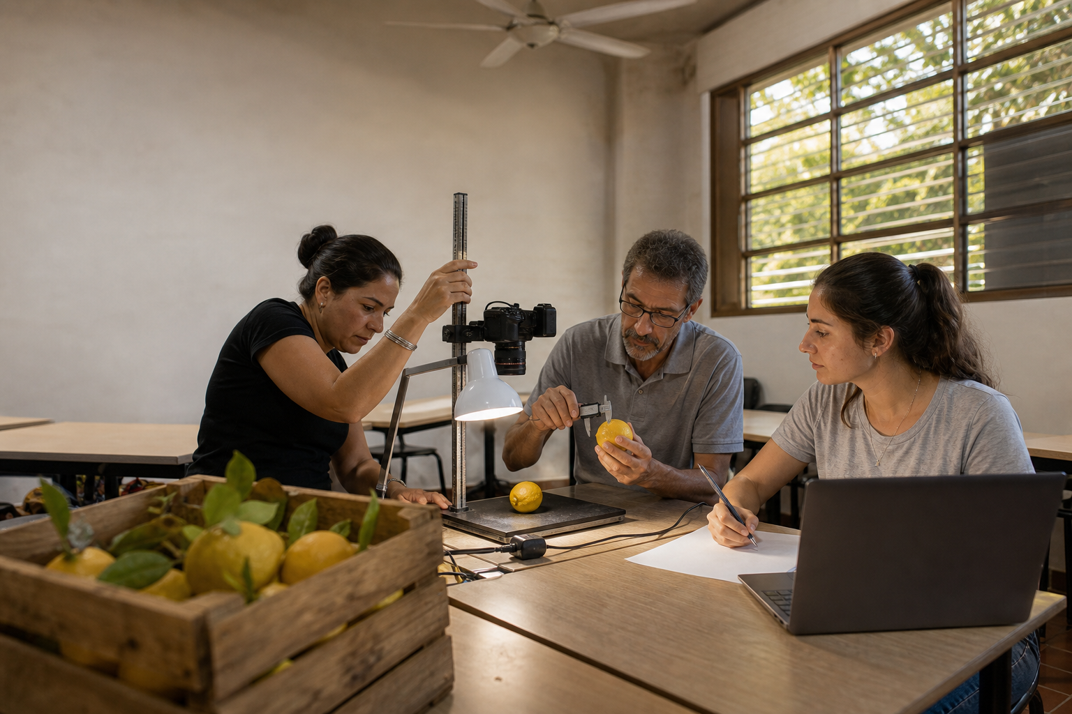 Tres personas adultas practican visión por computadora con una cámara, una portátil y varios limones en un aula de tecnología de ambiente tucumano.