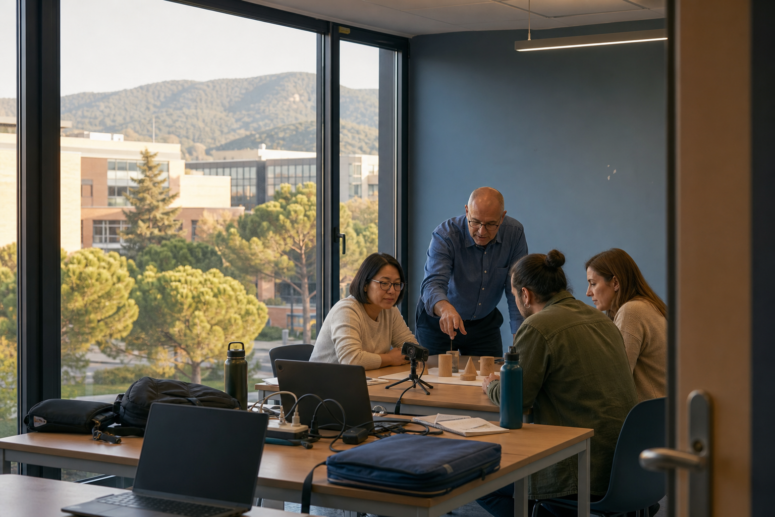 Escena editorial de un grupo de adultos en un taller práctico de visión por computador, con pinos y la sierra de Collserola al fondo.