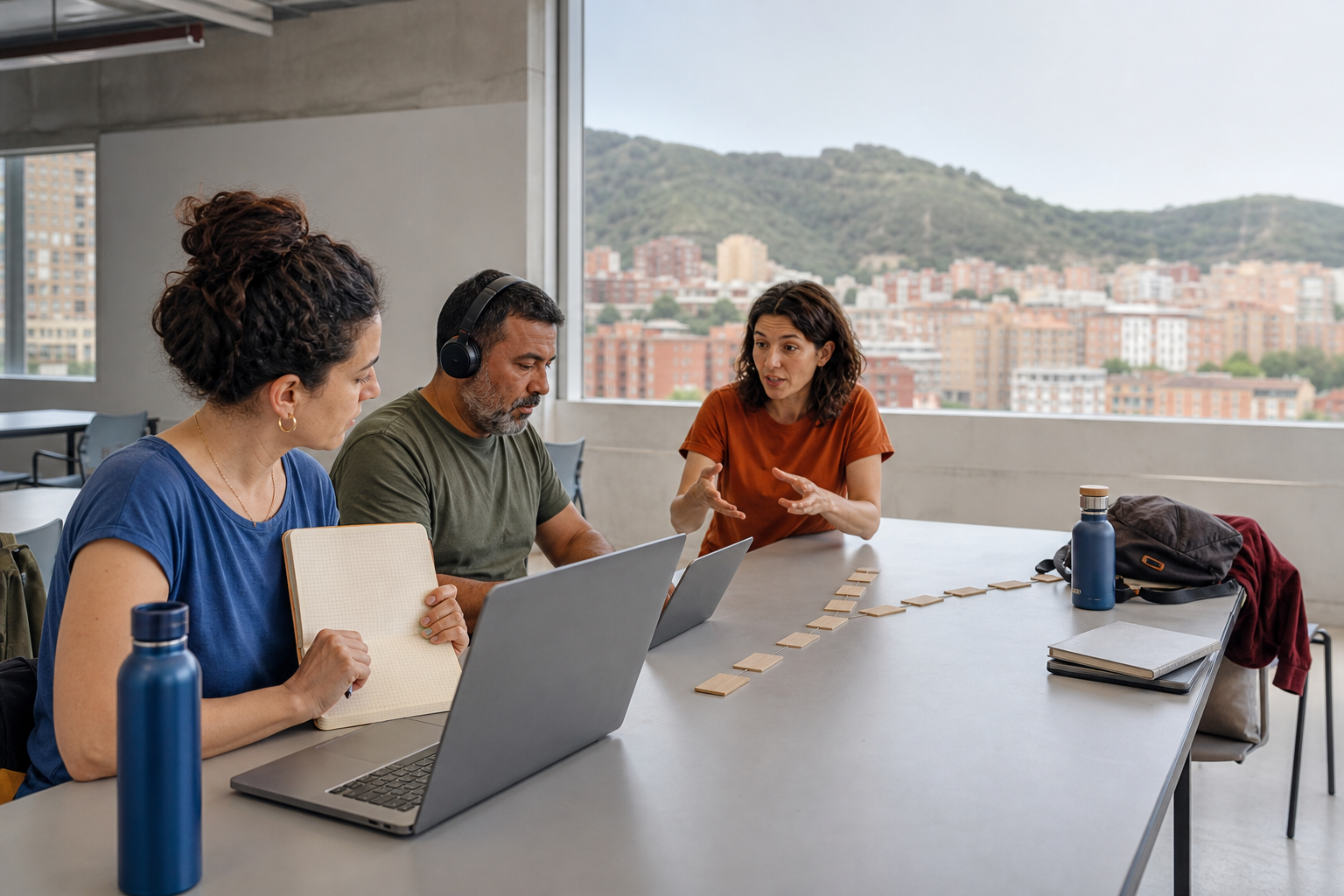 Tres personas adultas estudian con portátiles en un aula comunitaria, ante un paisaje de bloques residenciales y colinas metropolitanas.