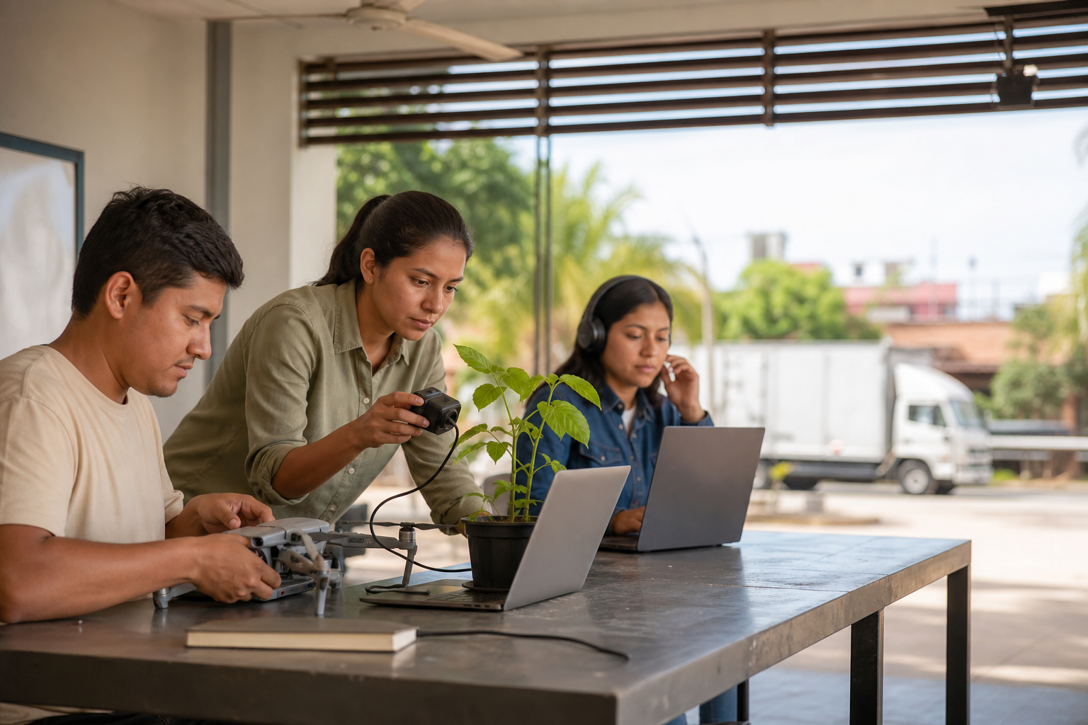 Tres estudiantes en un aula tropical trabajan con computadoras, una planta de soya y un dron pequeño en una escena conceptual sobre cursos de IA en Santa Cruz.