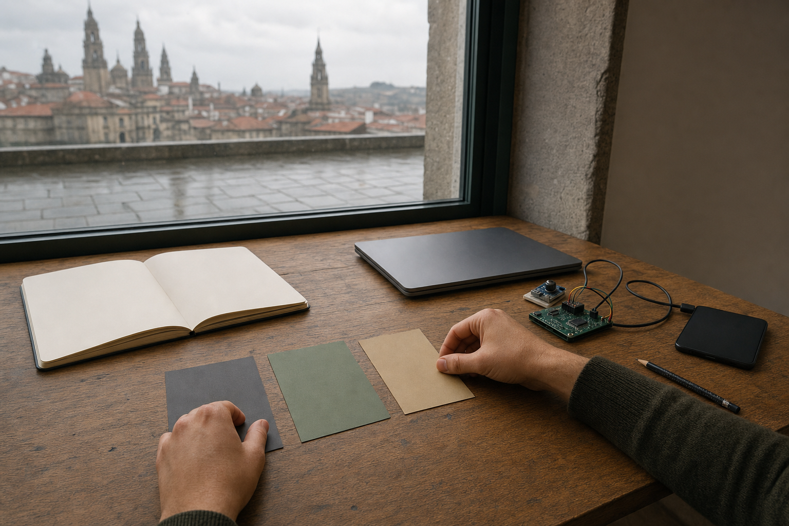 Escena editorial conceptual que evoca Santiago de Compostela: unas manos organizan tarjetas sin texto junto a un montaje sencillo de sensores, un cuaderno en blanco y un portátil cerrado.