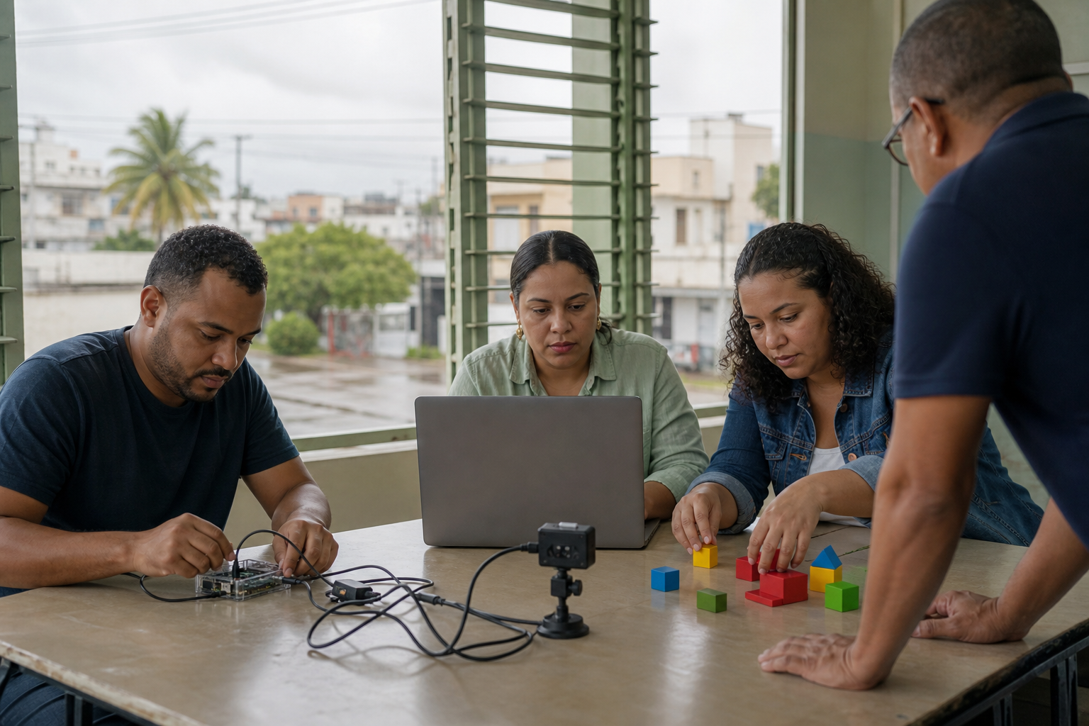 Escena conceptual de tres estudiantes adultos que realizan un ejercicio de visión por computadora con una laptop, una cámara pequeña y bloques de colores en un aula tropical de Santo Domingo.