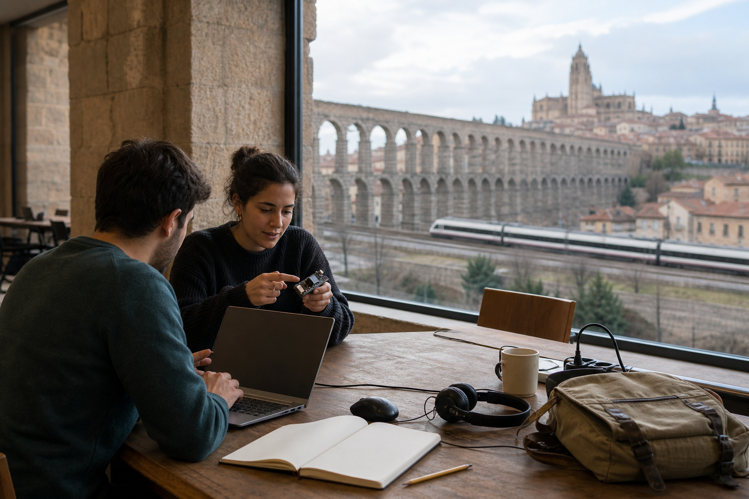 Escena conceptual de dos estudiantes adultos trabajando con un portátil en un aula de piedra inspirada en Segovia, con arcos históricos y un tren al fondo.