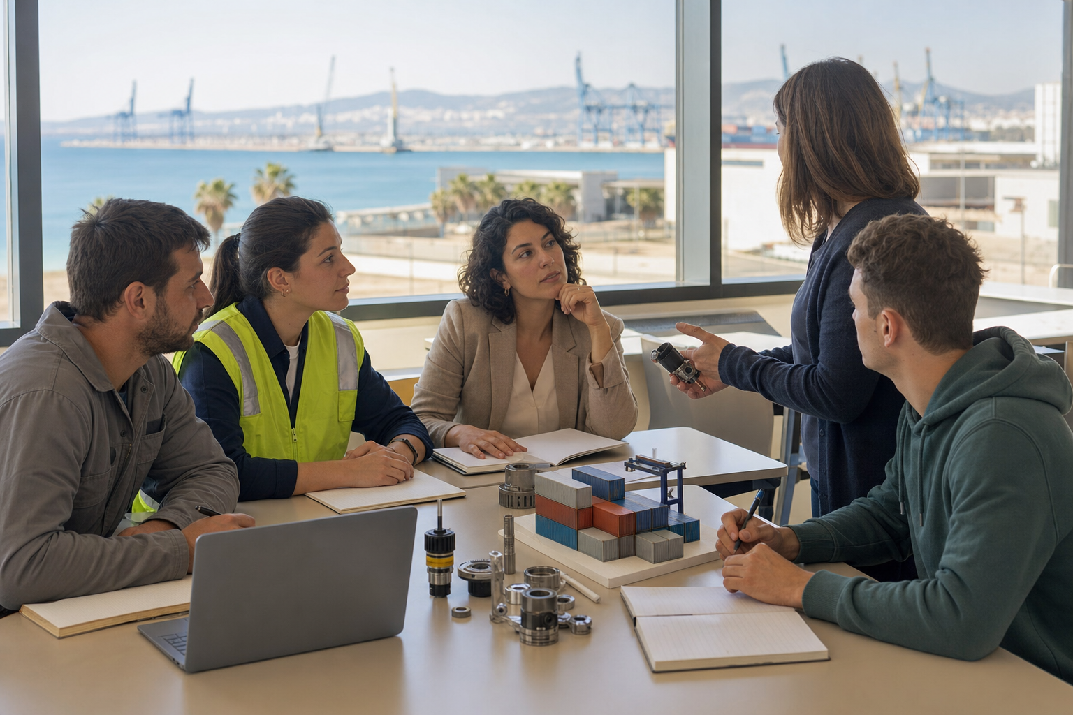 Escena editorial conceptual de adultos comparando formación en IA en un aula, con elementos de industria y logística y el puerto mediterráneo al fondo.