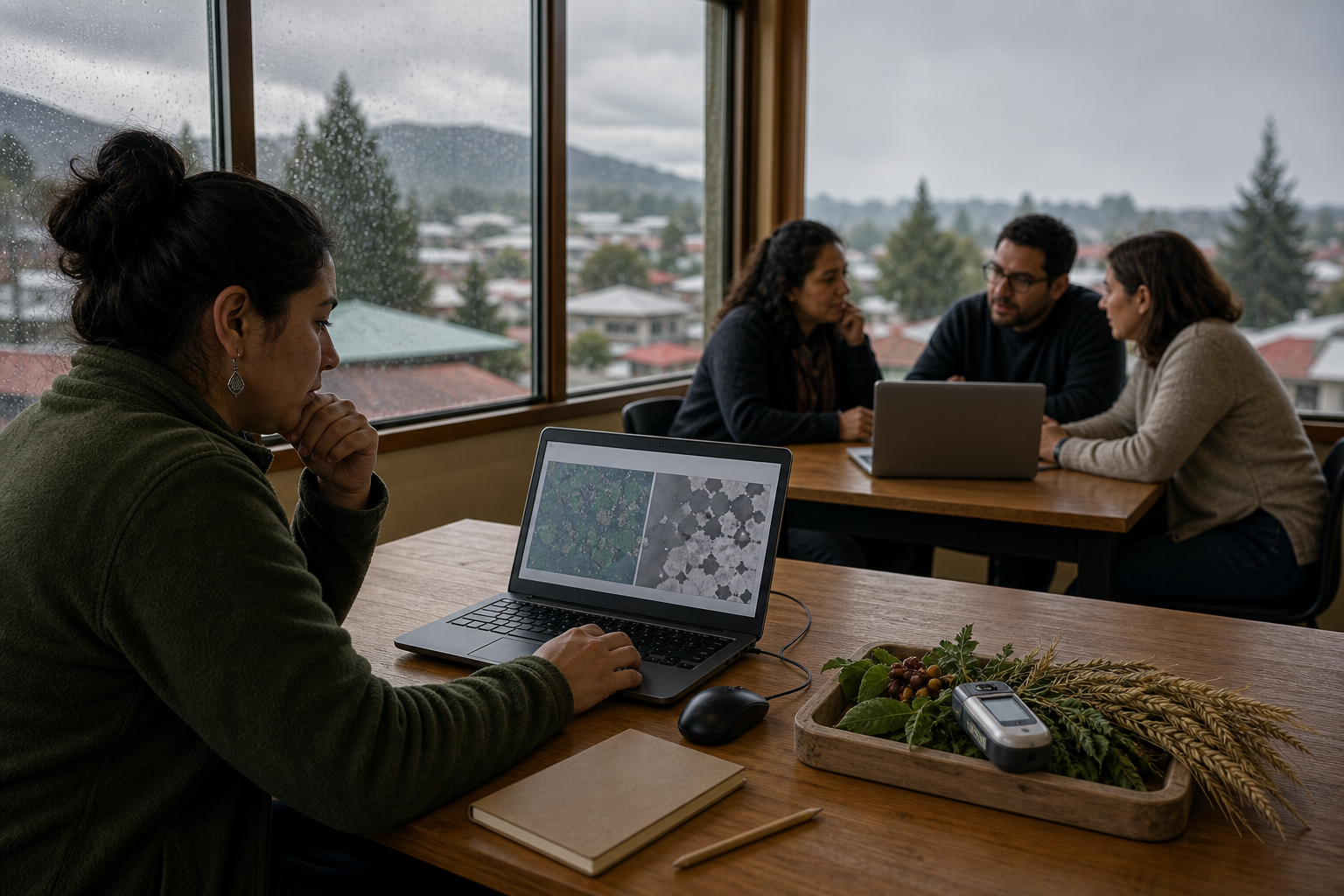Una estudiante adulta trabaja en un portátil junto a una clase pequeña, con materiales agrícolas y una mañana lluviosa del sur de Chile al fondo.