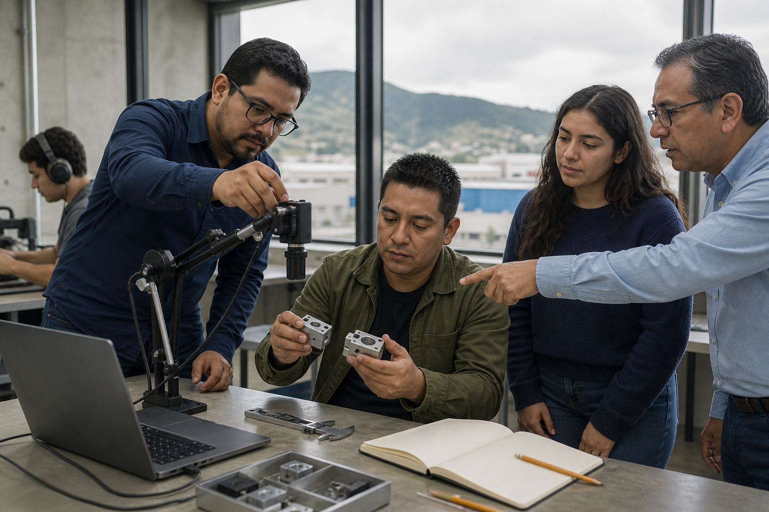 Escena conceptual de tres adultos que practican visión por computadora con una cámara y piezas metálicas en un aula-taller del Valle de Toluca.