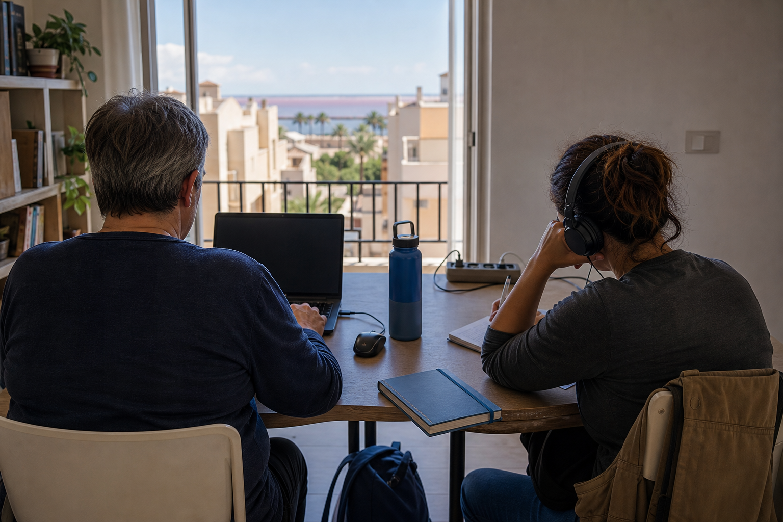 Dos personas adultas estudian con un portátil en una vivienda luminosa, con edificios mediterráneos y una franja rosada de las salinas al fondo.
