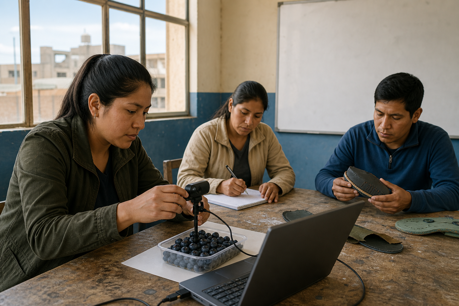 Tres estudiantes adultos trabajan con una laptop y una cámara junto a arándanos y una pieza de calzado en un aula-taller de Trujillo.