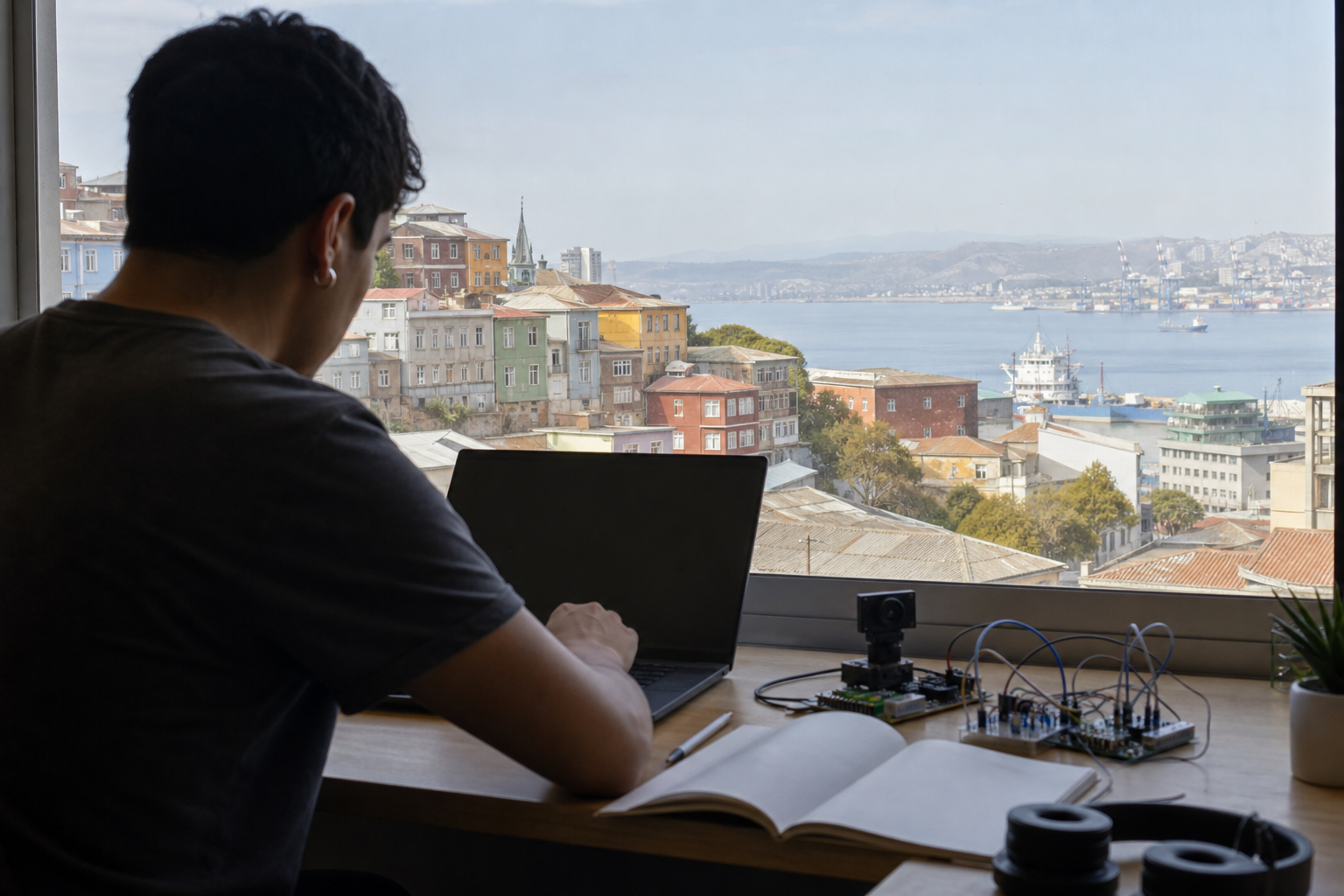 Una estudiante trabaja con un portátil y sensores en una sala de estudio, con los cerros y el puerto de Valparaíso al fondo.