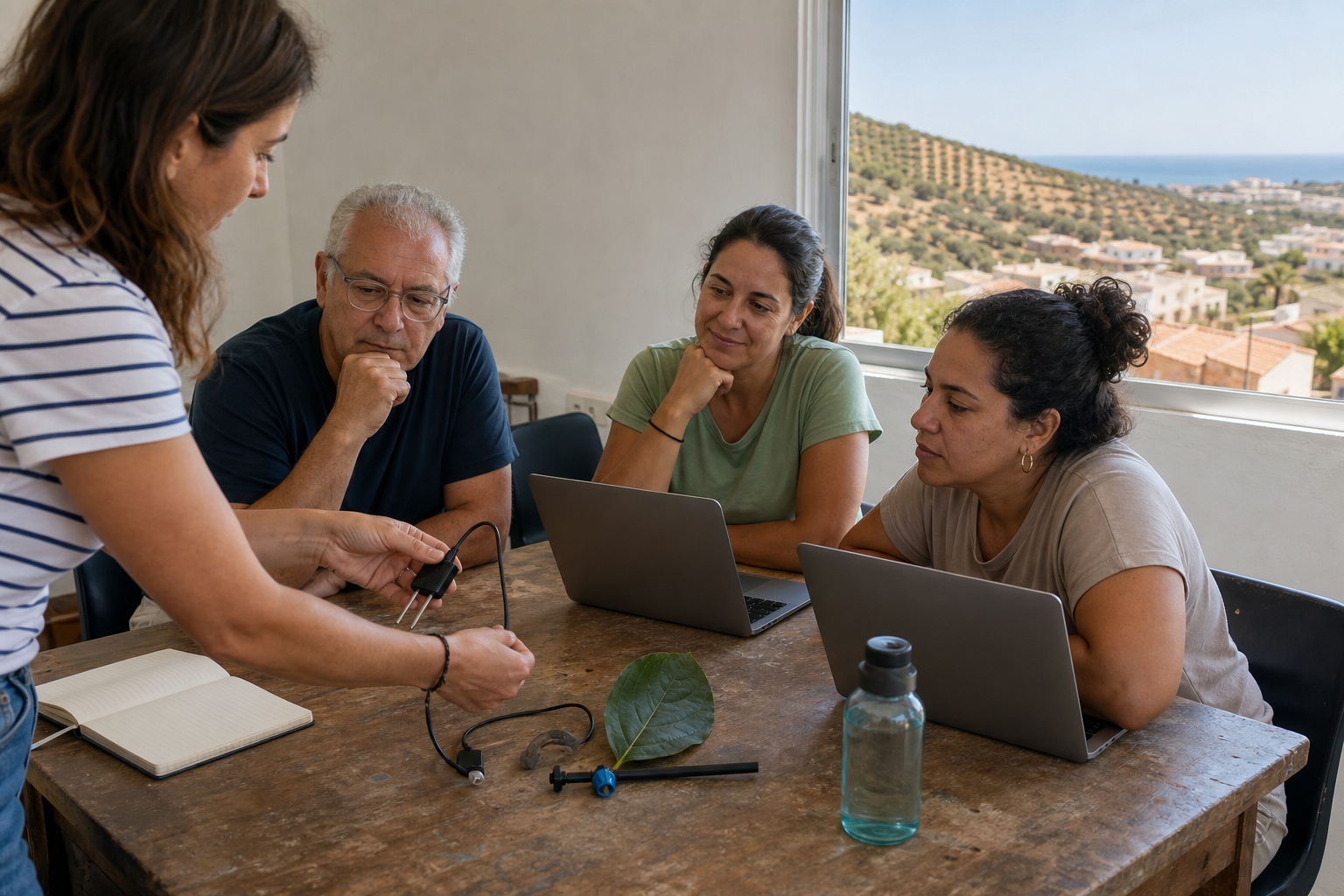 Escena conceptual de tres personas adultas en una formación digital, con un portátil, una hoja de aguacate y un sensor de riego, frente al paisaje de la Axarquía.
